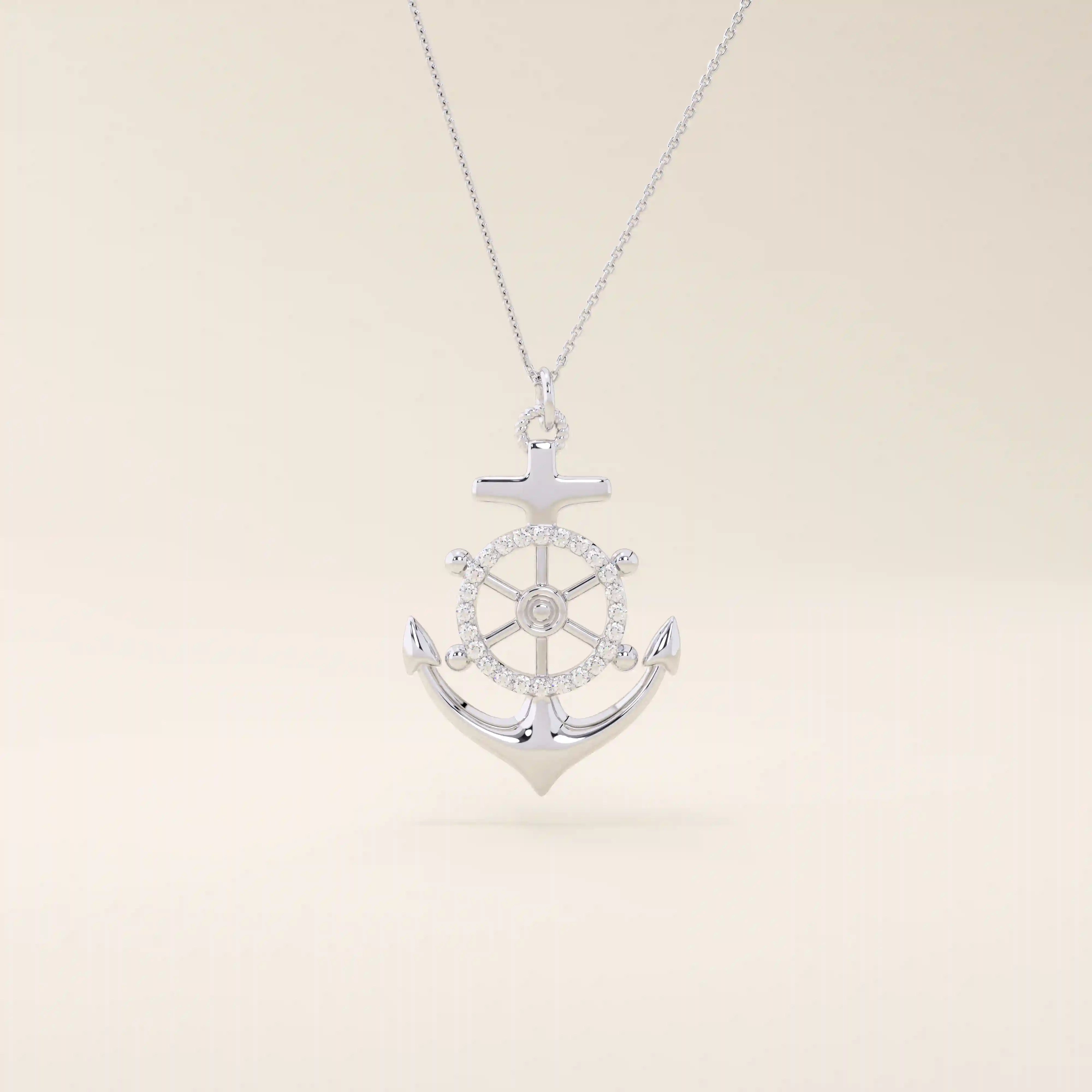 PAVE CZ WHEEL AND ANCHOR PENDANT NECKLACE IN 14K GOLD