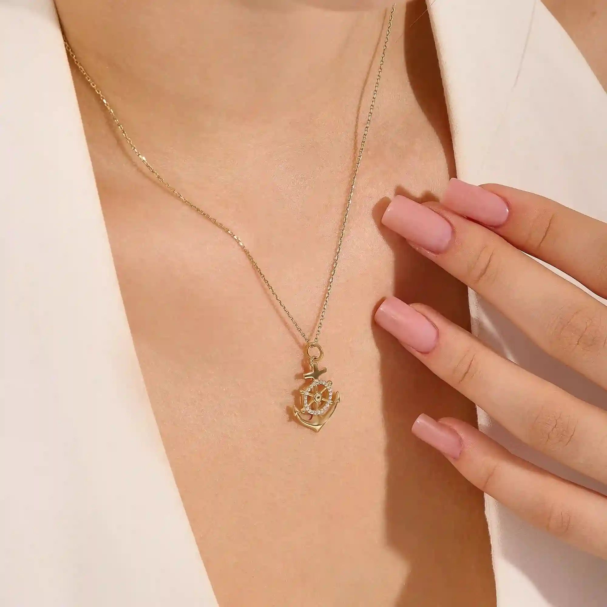 PAVE CZ WHEEL AND ANCHOR PENDANT NECKLACE IN 14K GOLD