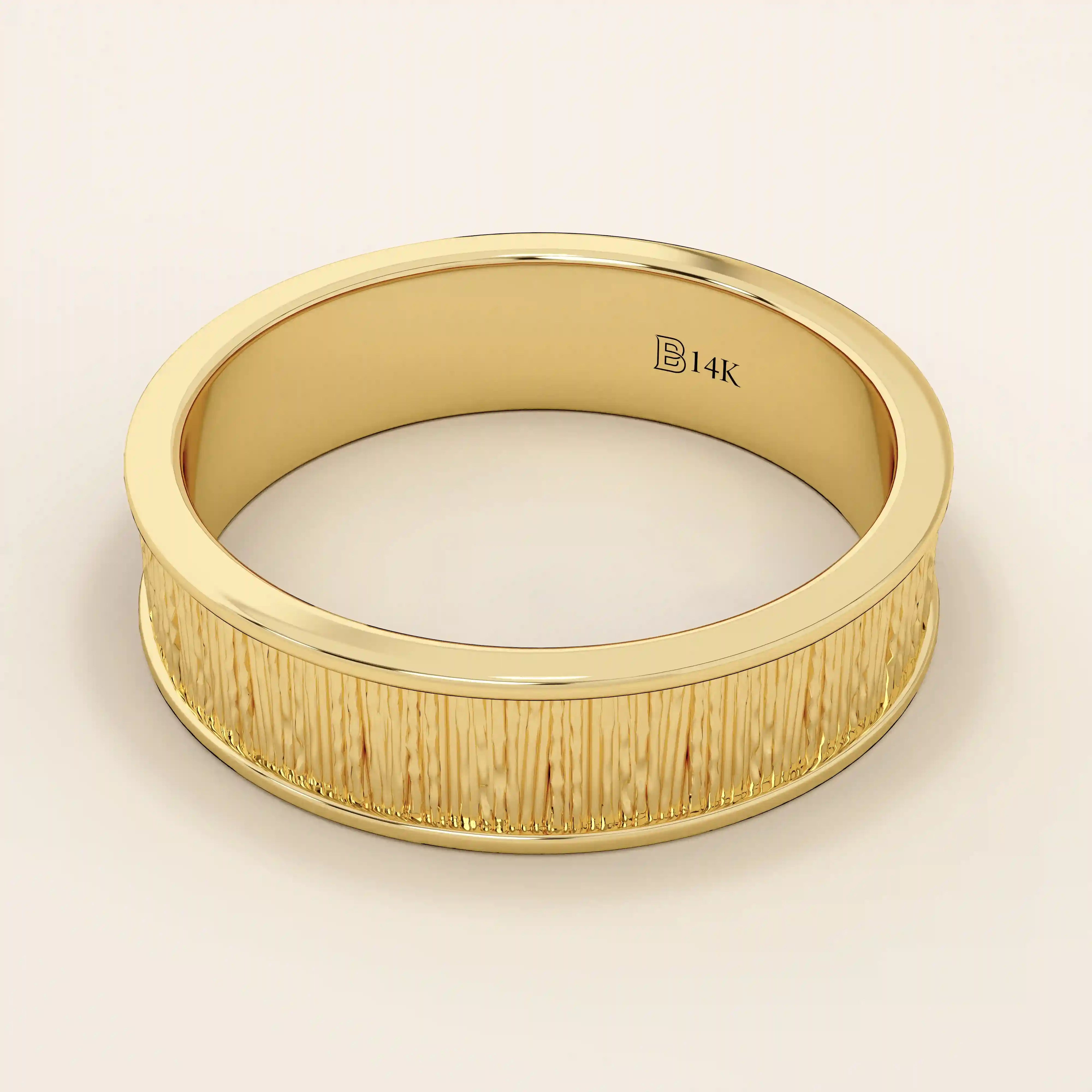 UNISEX DESIGN WOOD TEXTURED 14K SOLID GOLD THICK WEDDING BAND