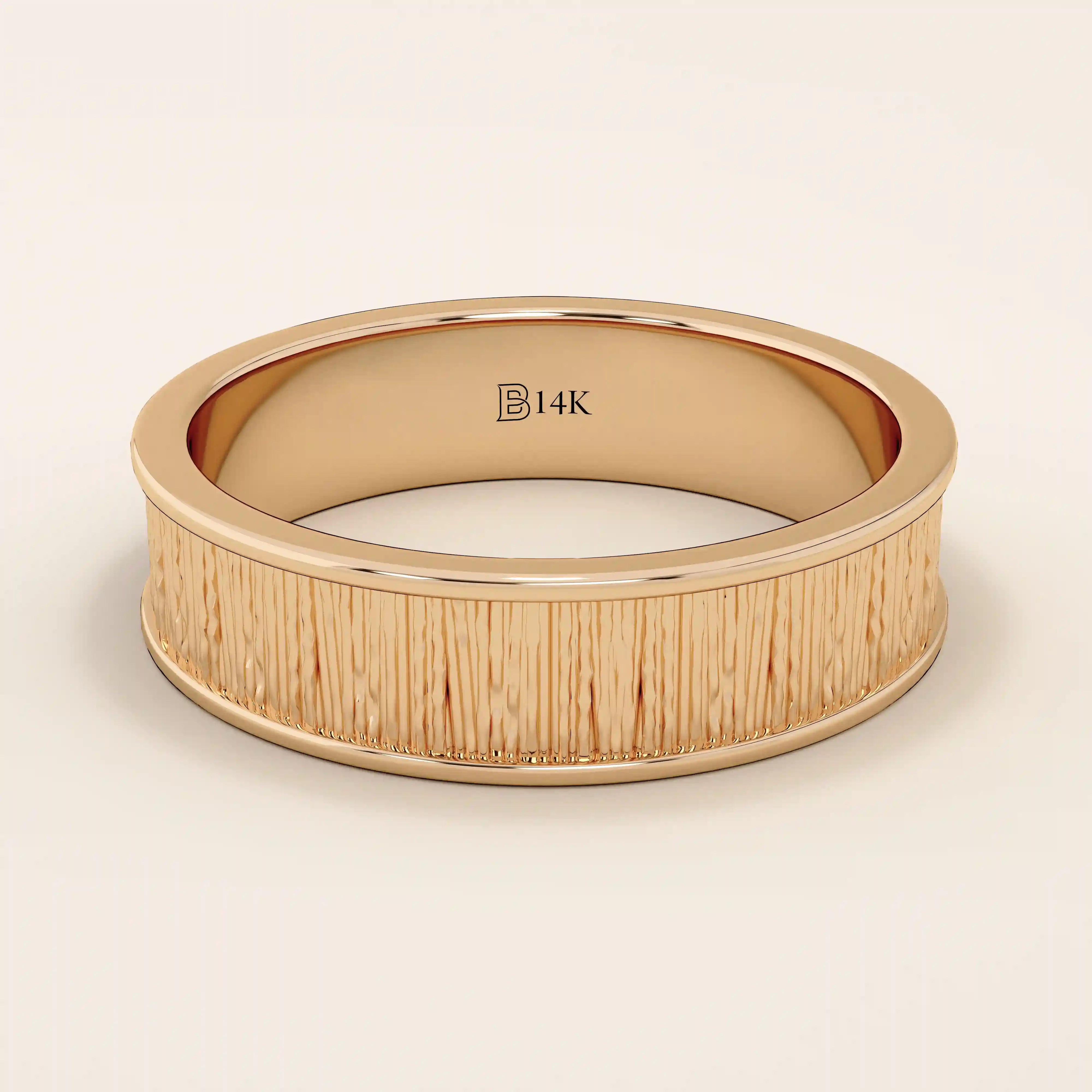 UNISEX DESIGN WOOD TEXTURED 14K SOLID GOLD THICK WEDDING