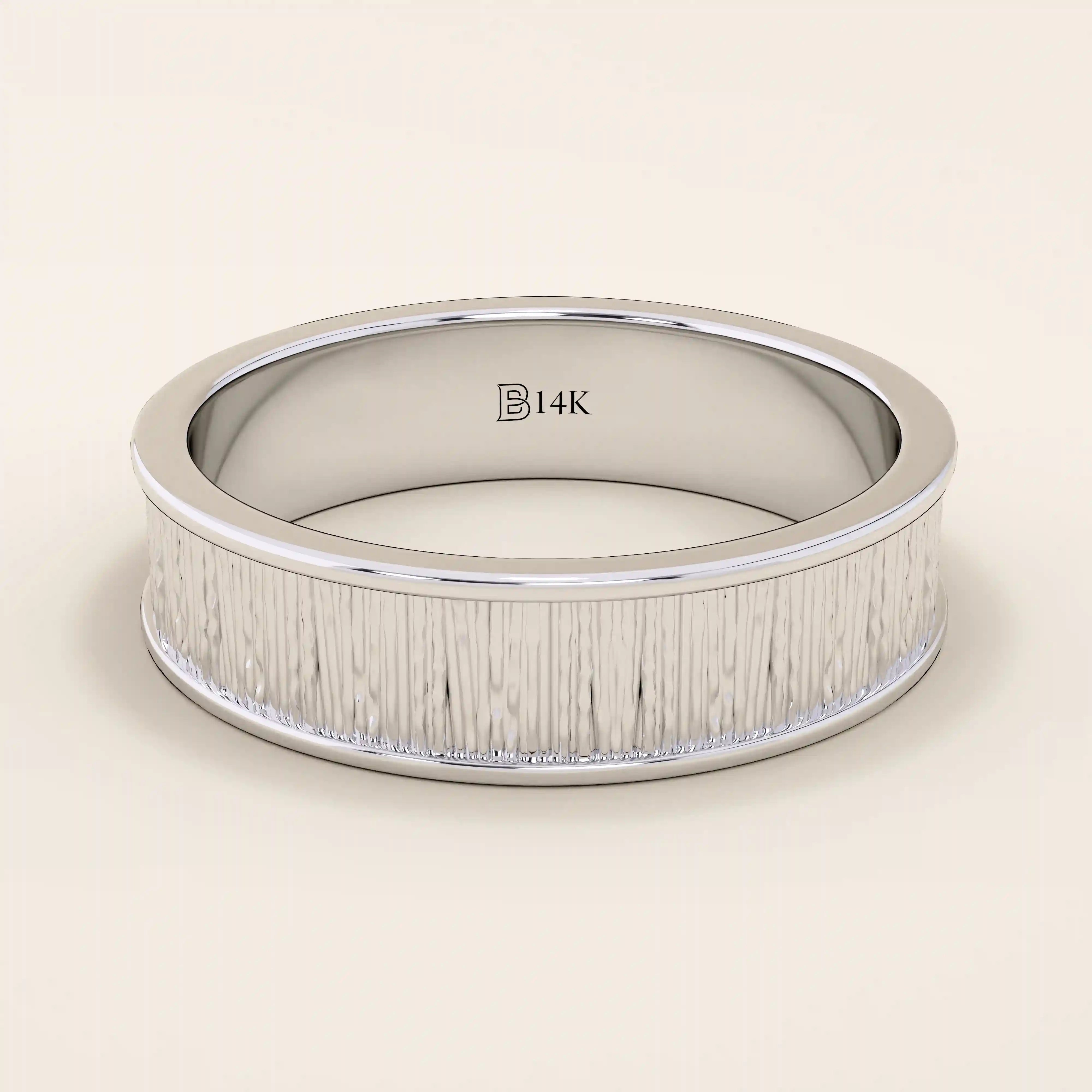 UNISEX DESIGN WOOD TEXTURED 14K SOLID GOLD THICK WEDDING