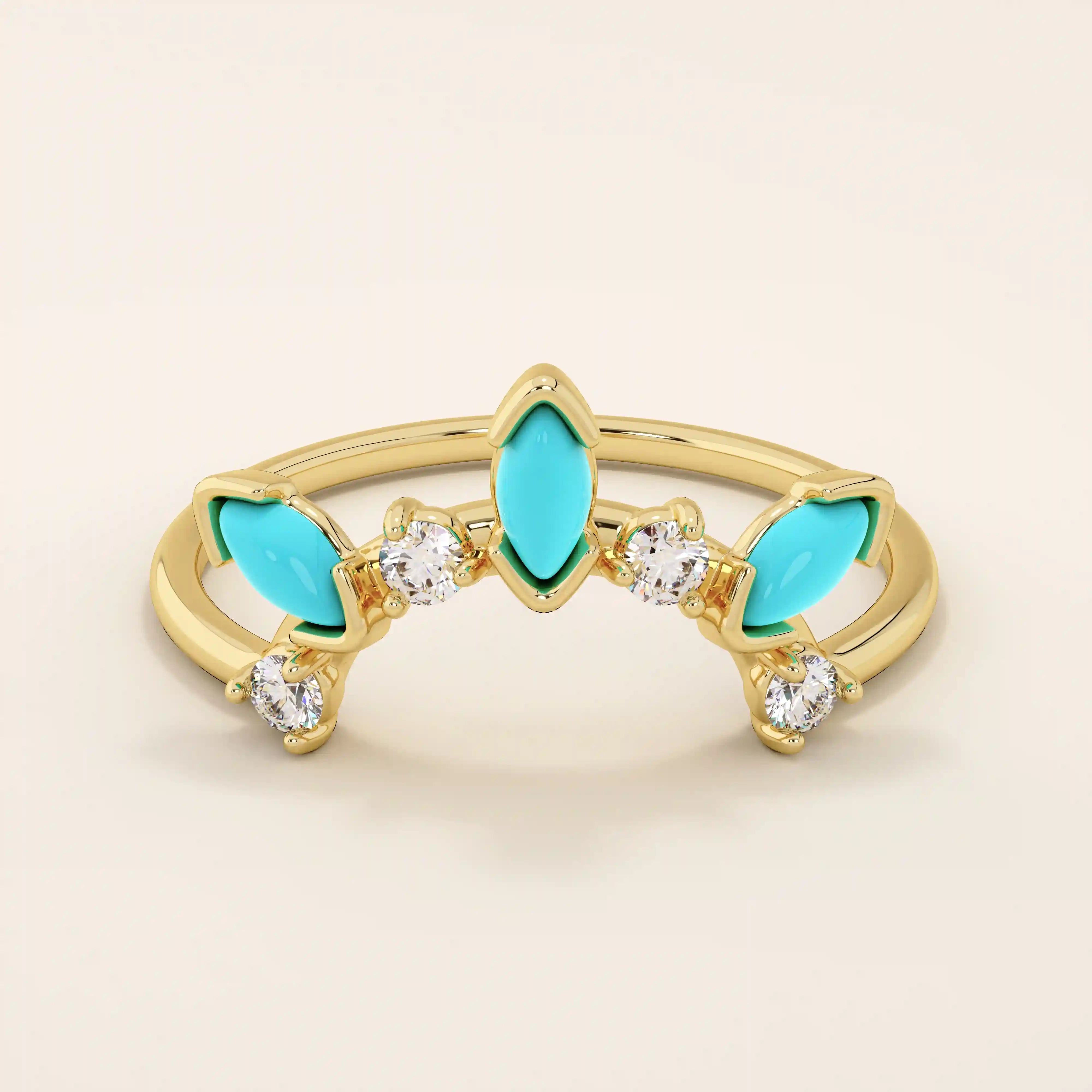 14K SOLID GOLD MARQUISE TURQUOISE STACKABLE CURVE RING FOR WOMEN