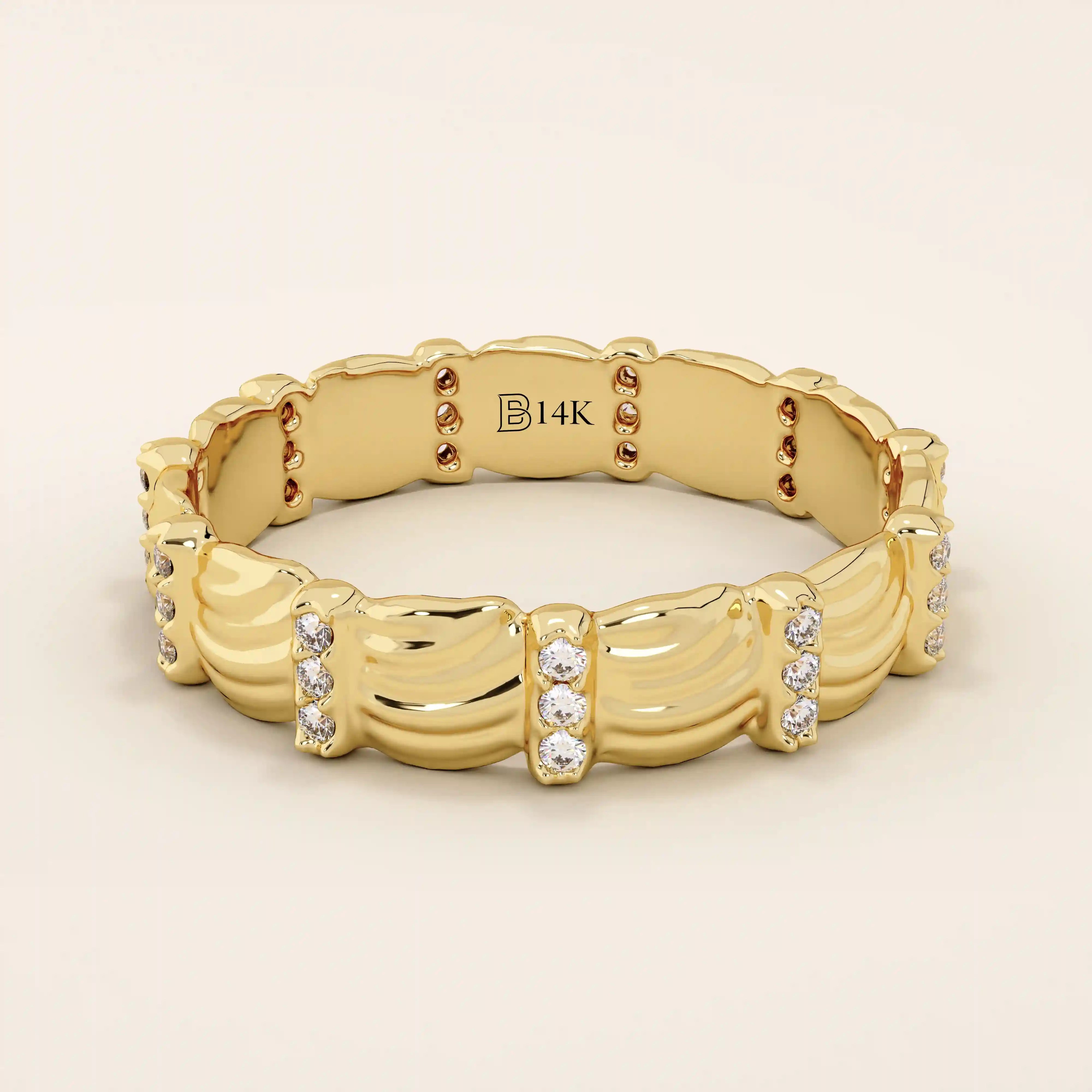 14K SOLID GOLD UNIQUE BUMPY WAVE DESIGN ALLIANCE WEDDING BAND FOR WOMEN PAVED WITH TINY MOISSANITE STONES 