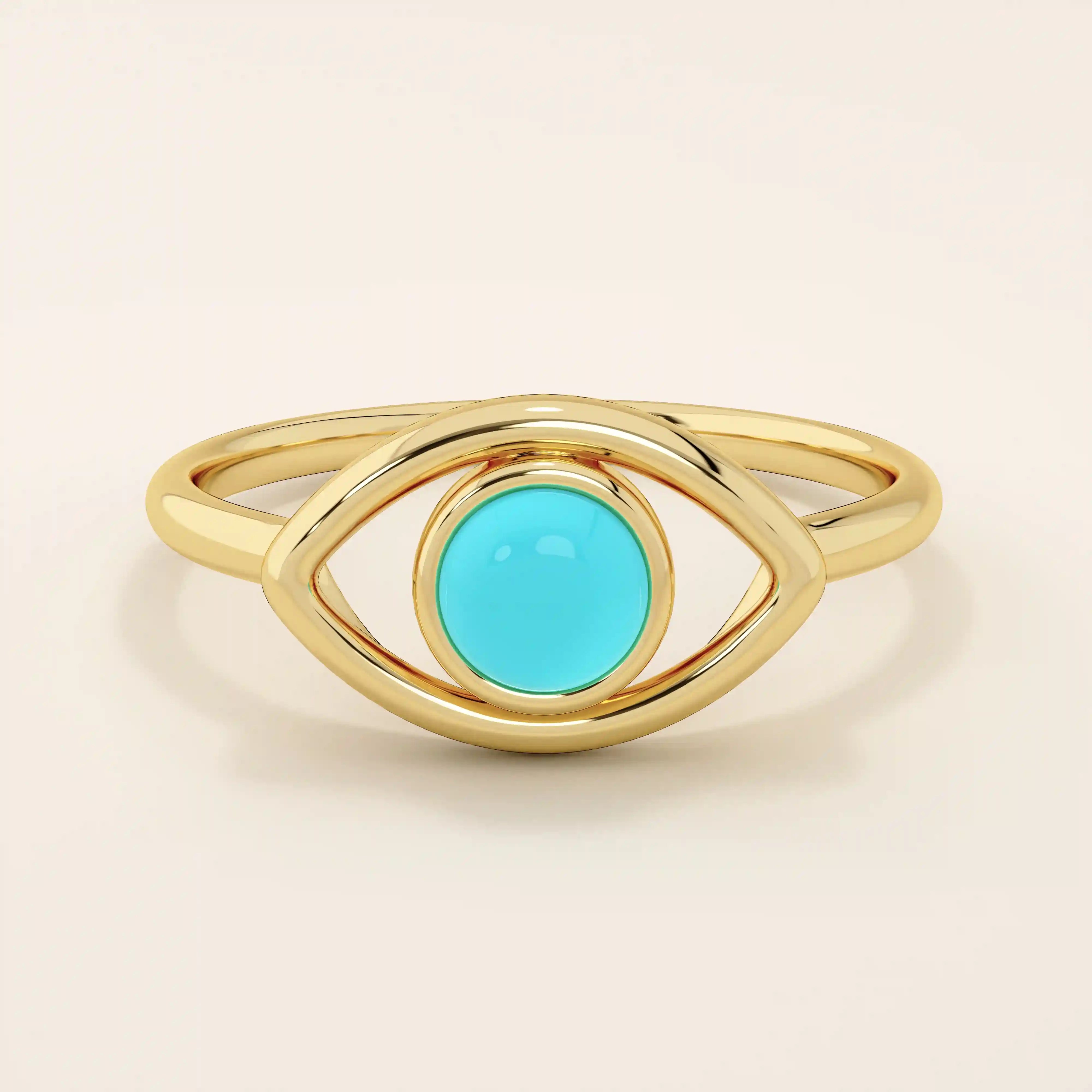 14K SOLID PLAIN GOLD EVIL EYE RING WITH A NATURAL TURQUOISE STONE AT CENTER FOR WOMEN