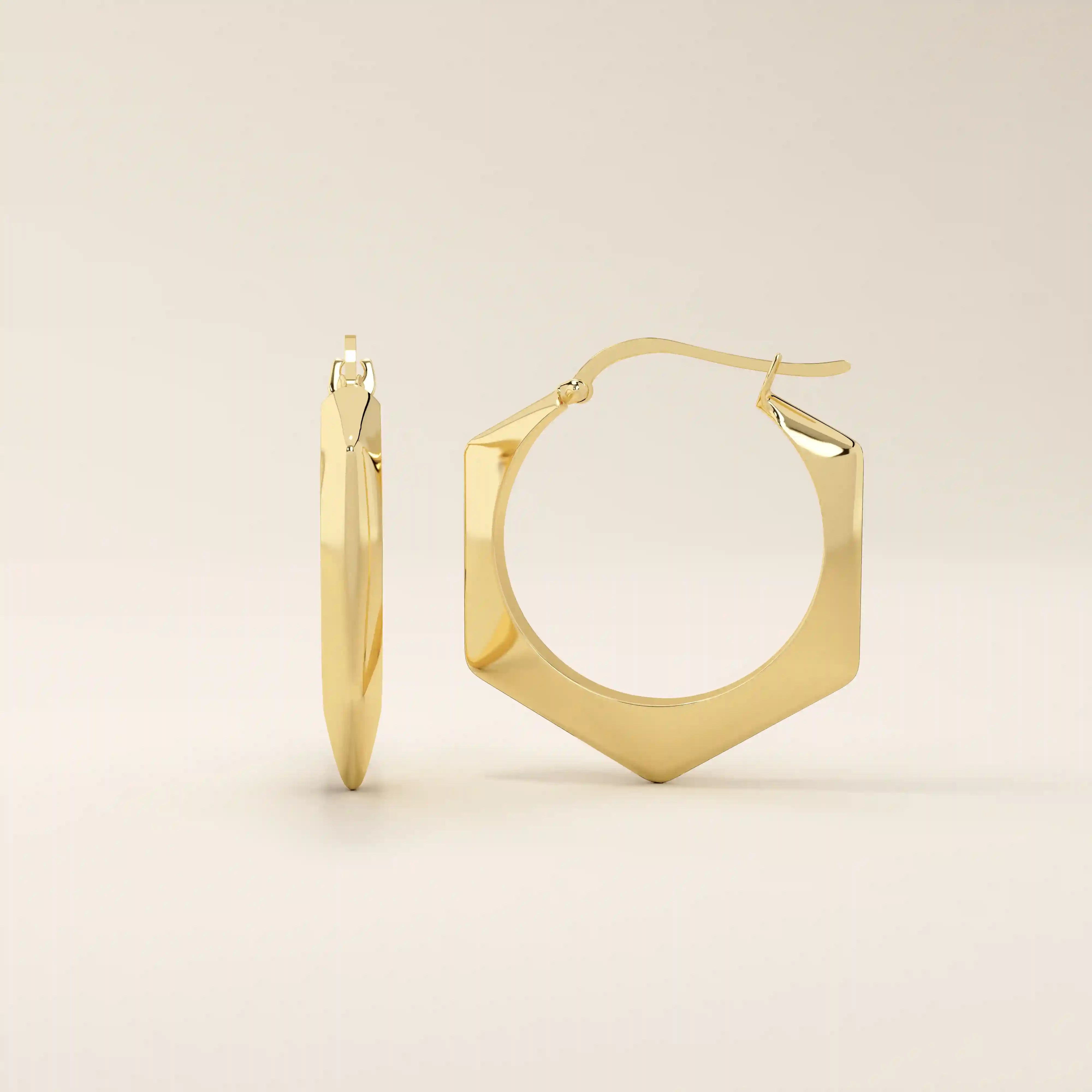 14K SOLID GOLD EDGE HEXAGON HOOP EARRINGS FOR WOMEN