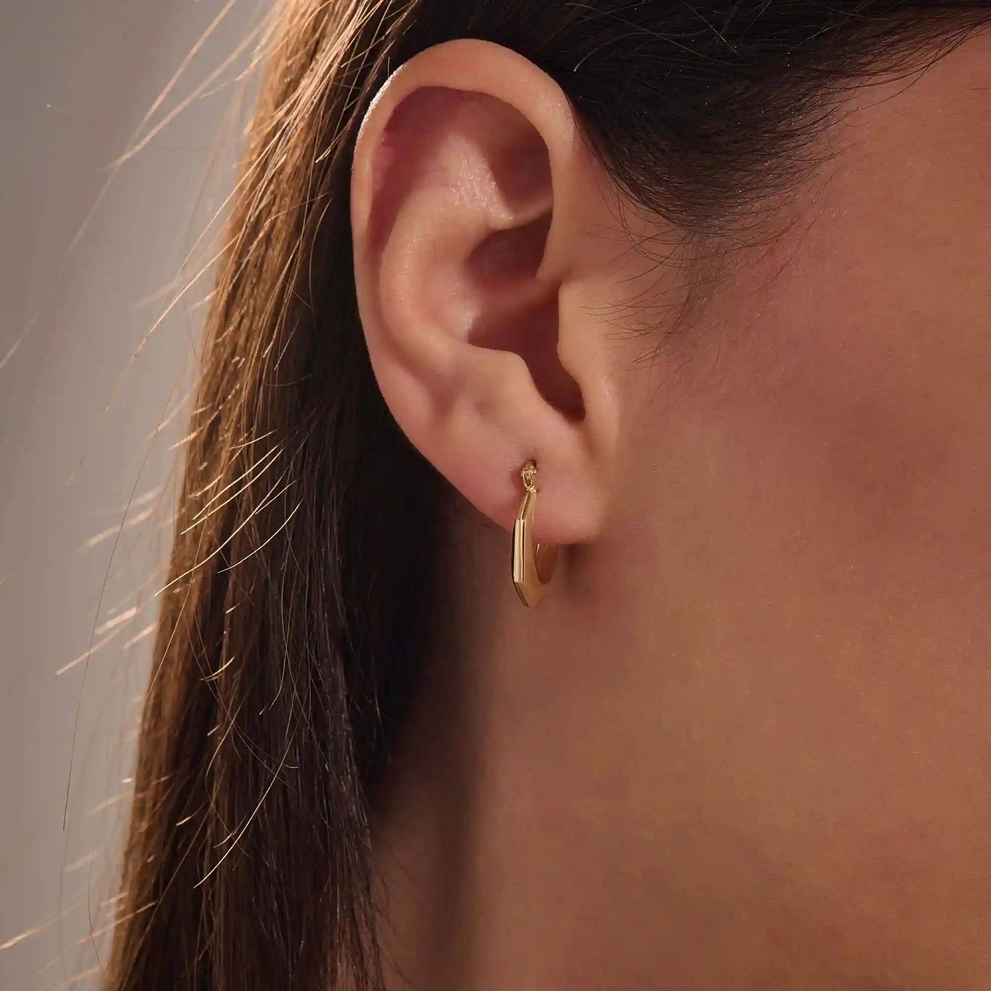14K SOLID GOLD EDGE HEXAGON HOOP EARRINGS FOR WOMEN