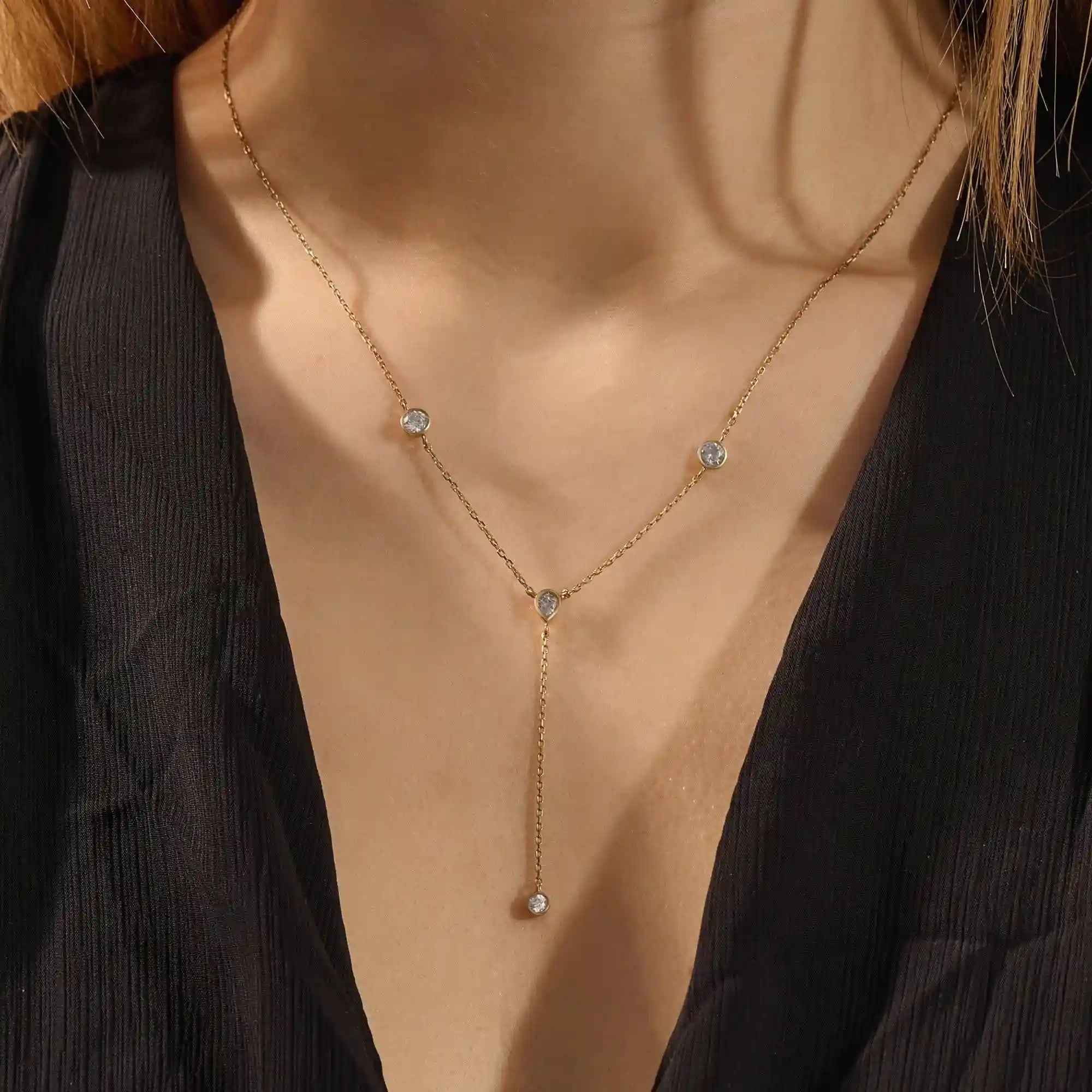 14K SOLID GOLD Y LARIAT NECKLACE WITH BEZEL SET PEAR AND ROUND CUT MOISSANITE STONES FOR WOMEN