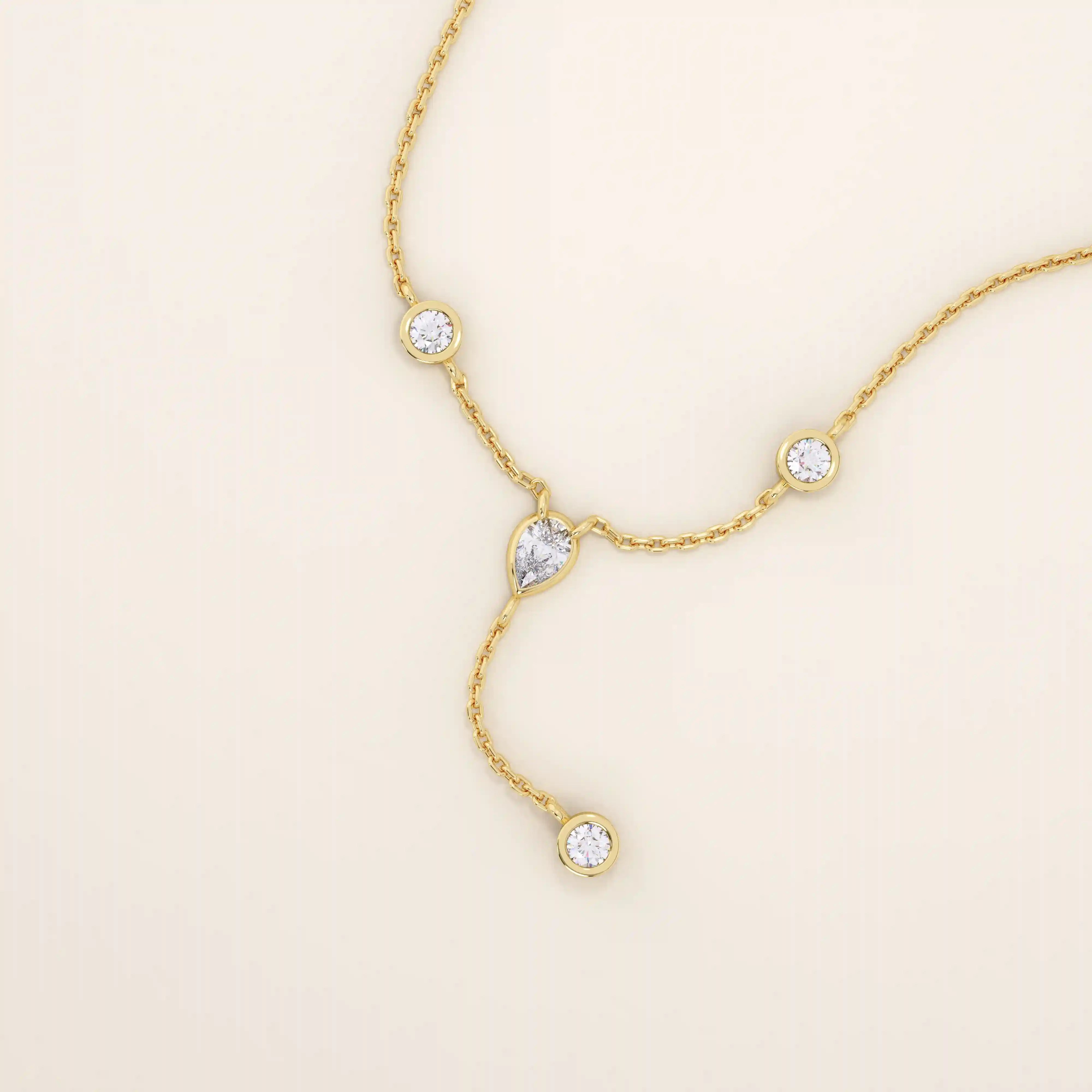 14K SOLID GOLD Y LARIAT NECKLACE WITH BEZEL SET PEAR AND ROUND CUT MOISSANITE STONES FOR WOMEN