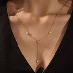 14K SOLID GOLD Y LARIAT NECKLACE WITH BEZEL SET PEAR AND ROUND CUT MOISSANITE STONES FOR WOMEN