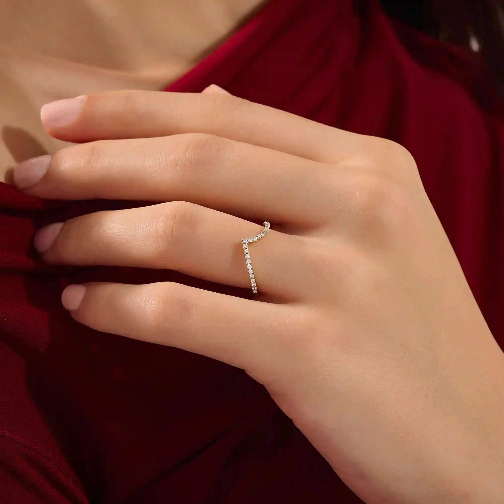 14K SOLID GOLD unique chevron stacking ring pave with tiny moissanites for women