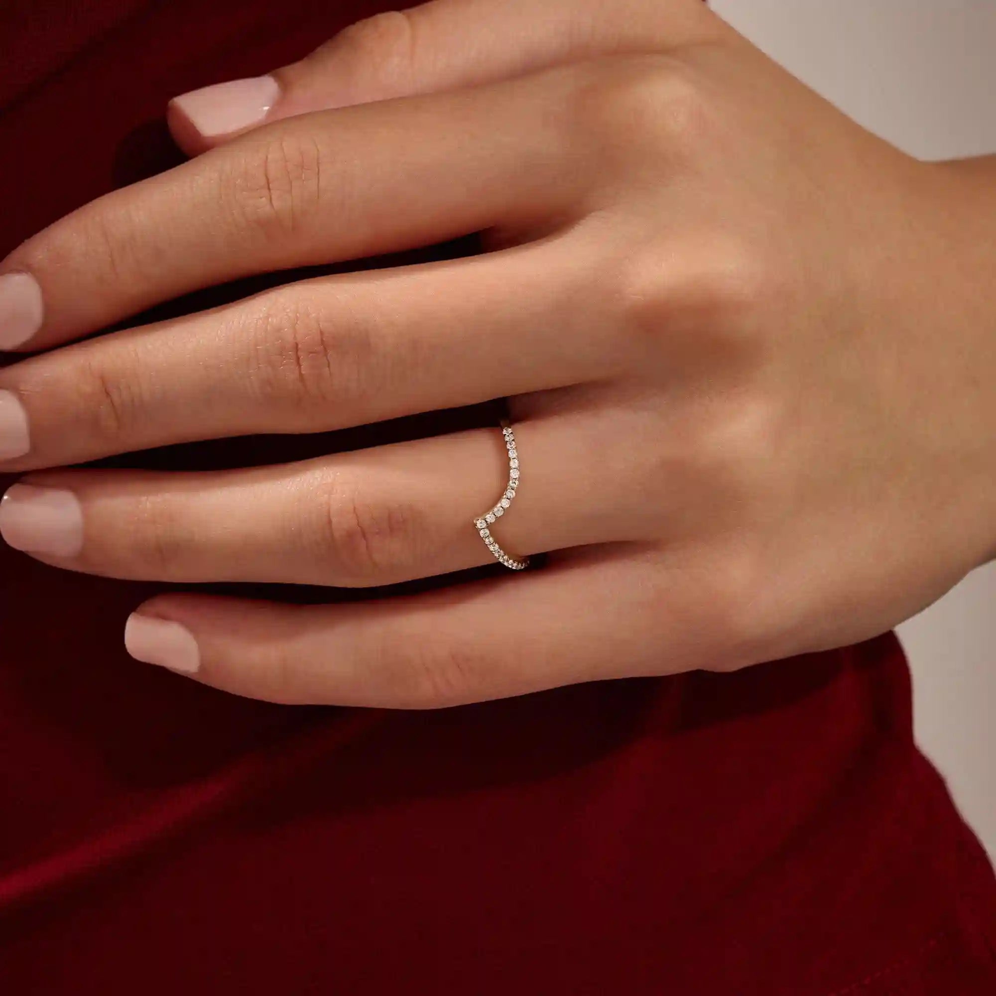 14K SOLID GOLD unique chevron stacking ring pave with tiny moissanites for women