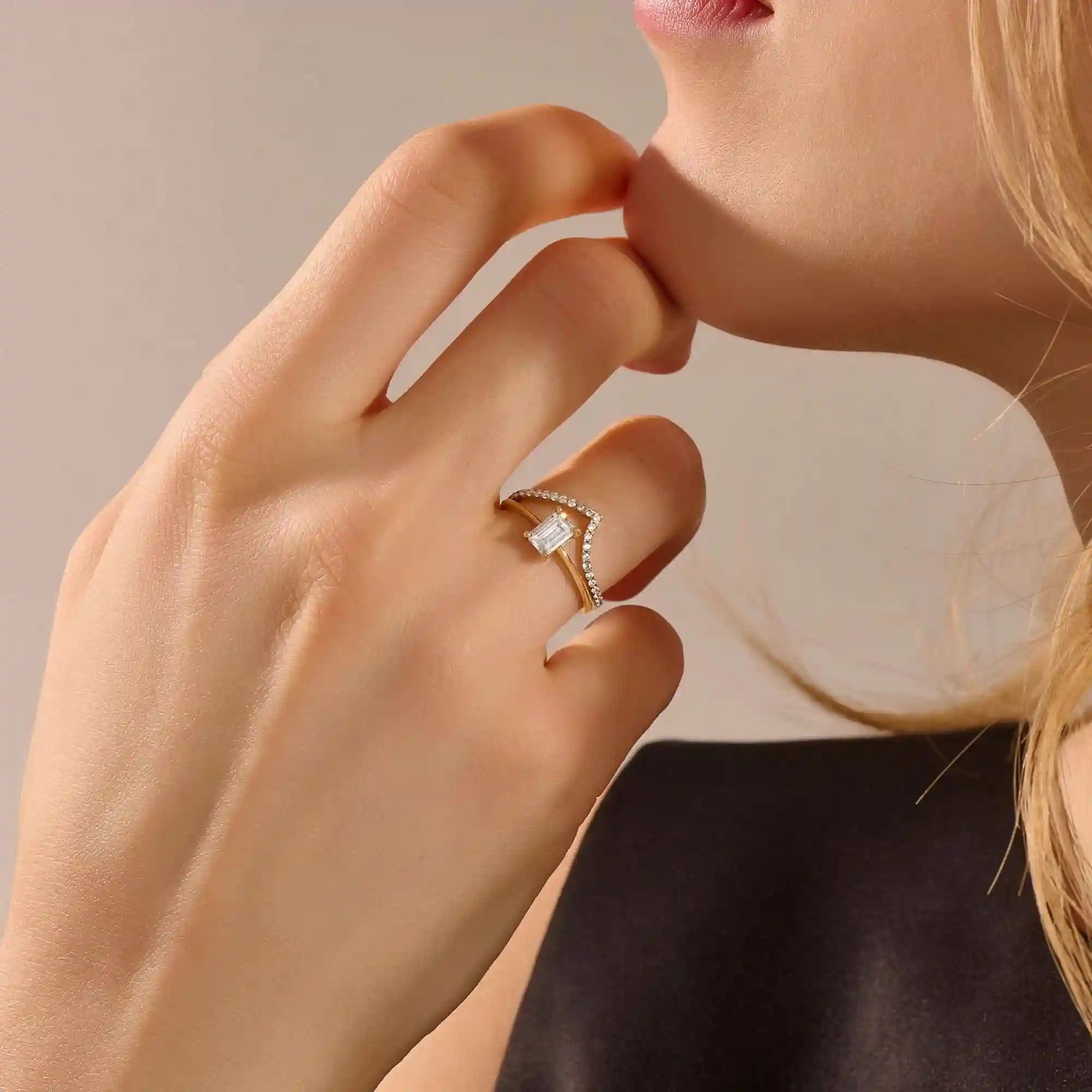 14K SOLID GOLD unique chevron stacking ring pave with tiny moissanites for women
