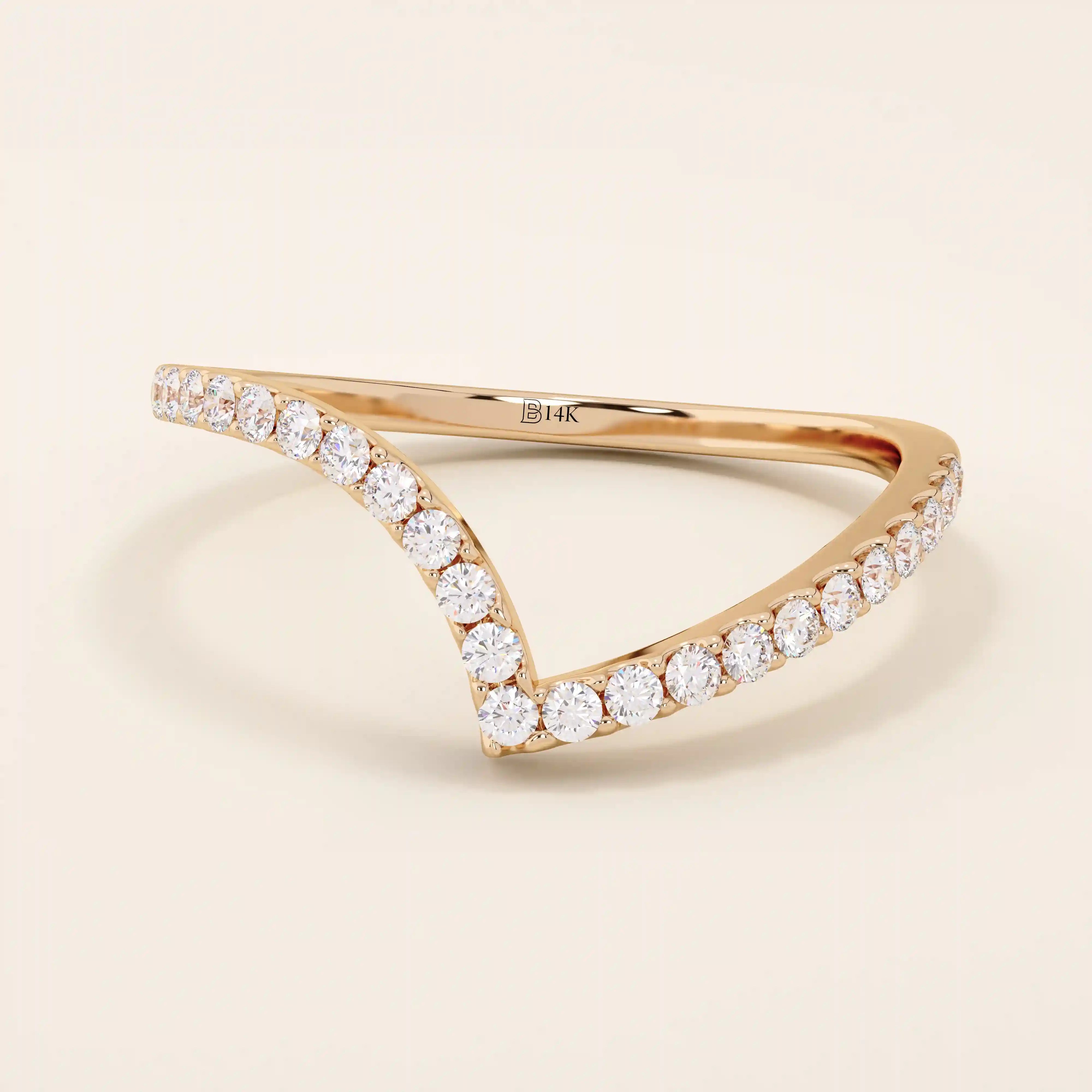14K SOLID GOLD unique chevron stacking ring pave with tiny moissanites for women