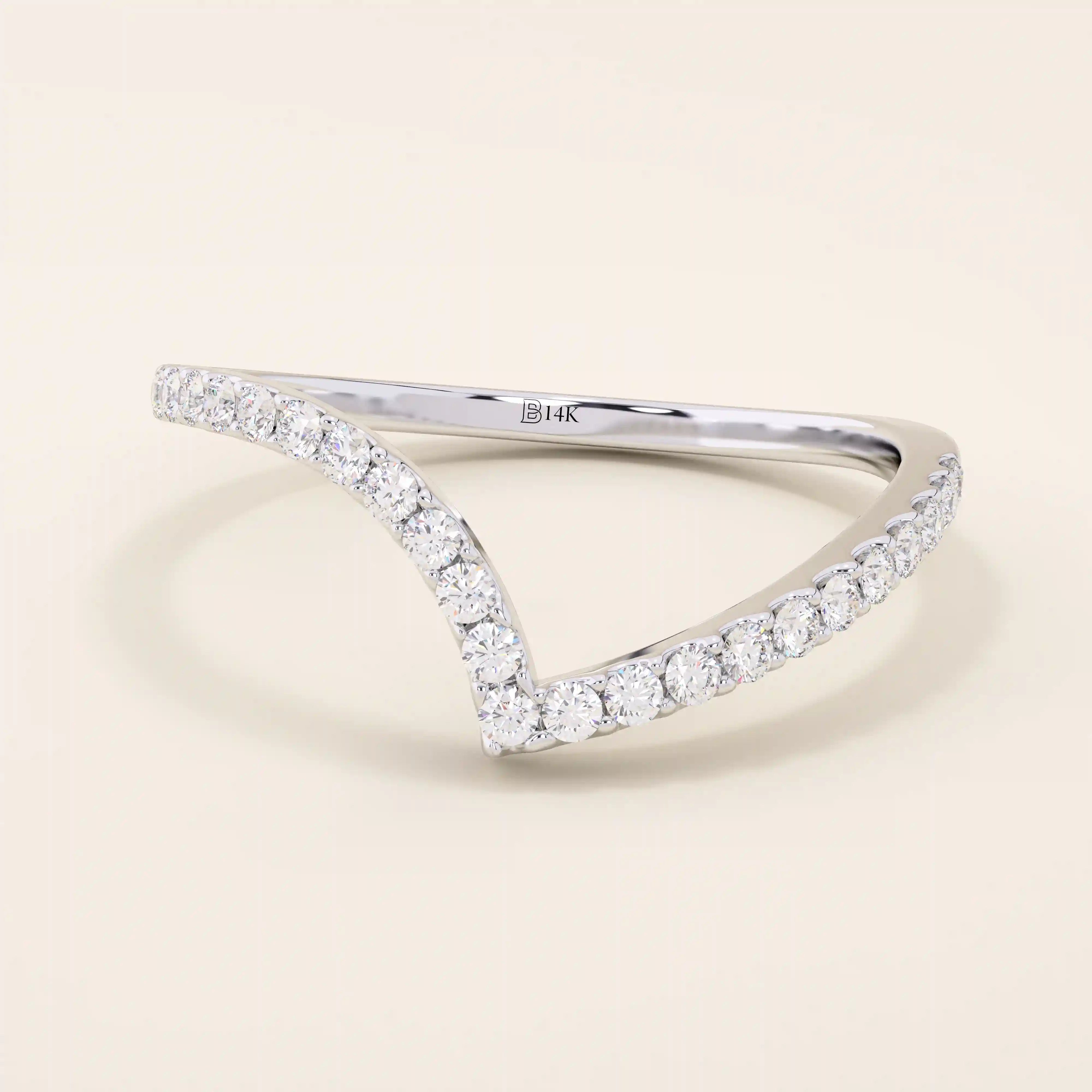 14K SOLID GOLD unique chevron stacking ring pave with tiny moissanites for women