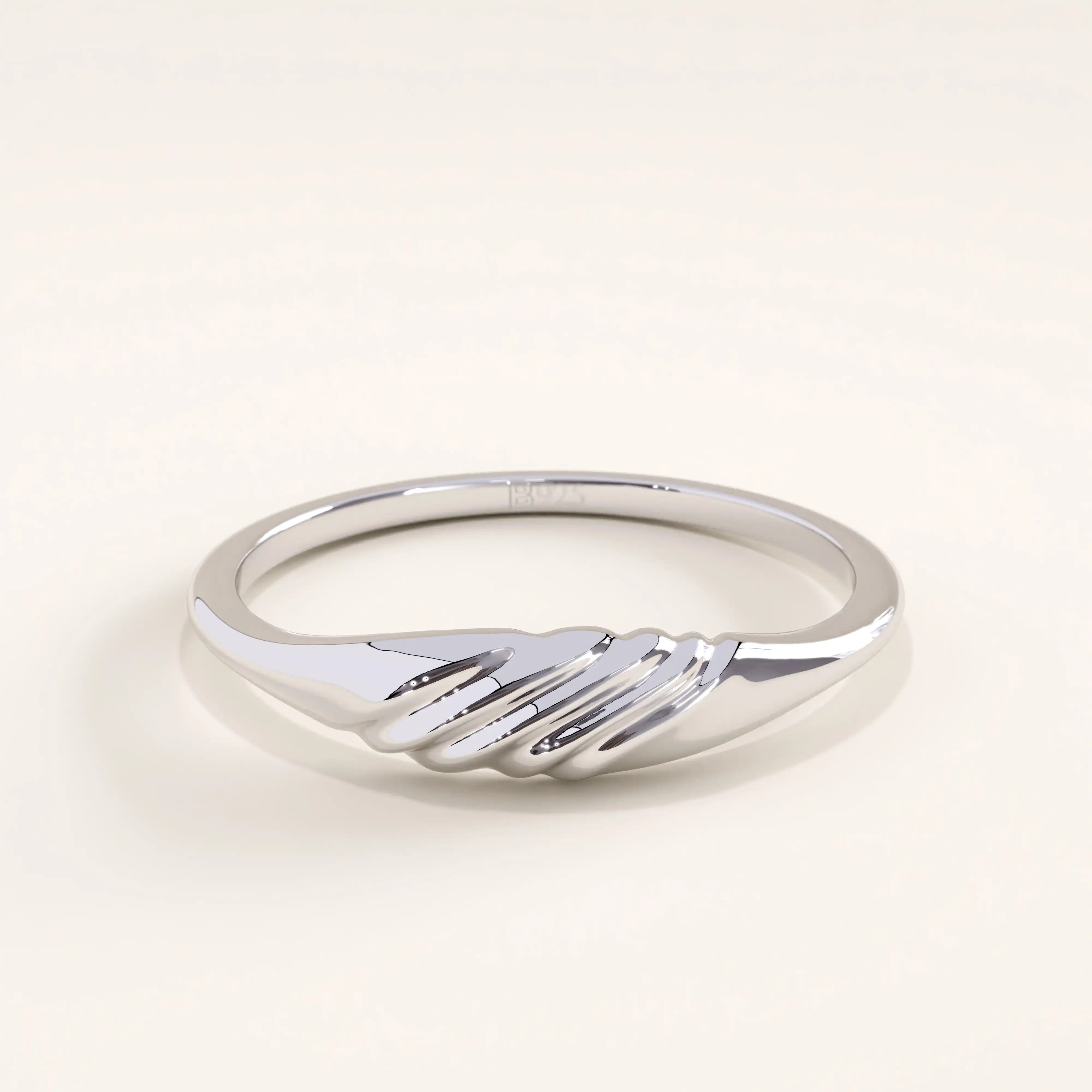 14k silver vermeil small signet ring with a sleek twisted texture and high-shine finish, dainty minimalist band for daily style.
