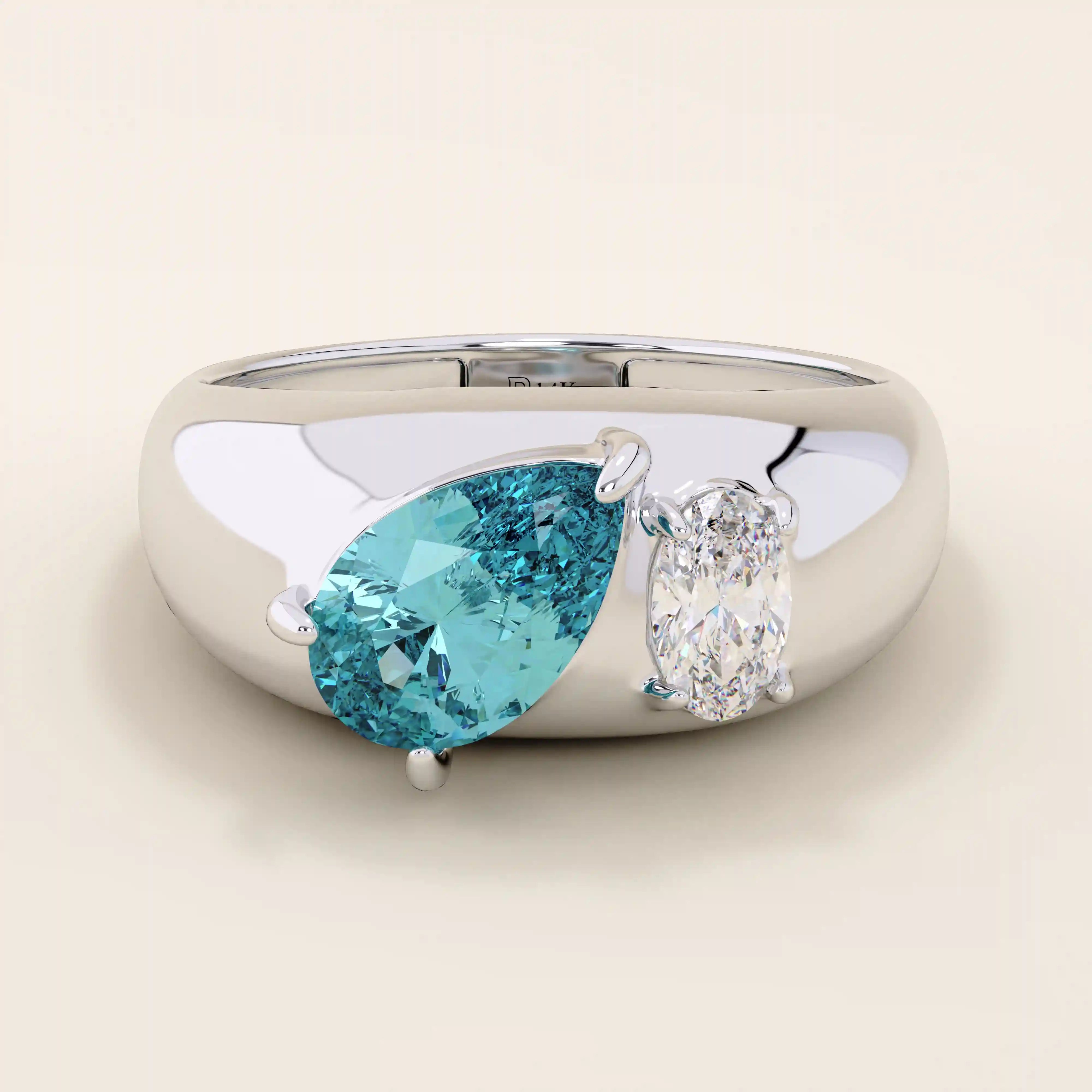 14k gold dome band ring with pear-shaped topaz and oval moissanite. A chunky Toi et Moi gemstone statement ring.