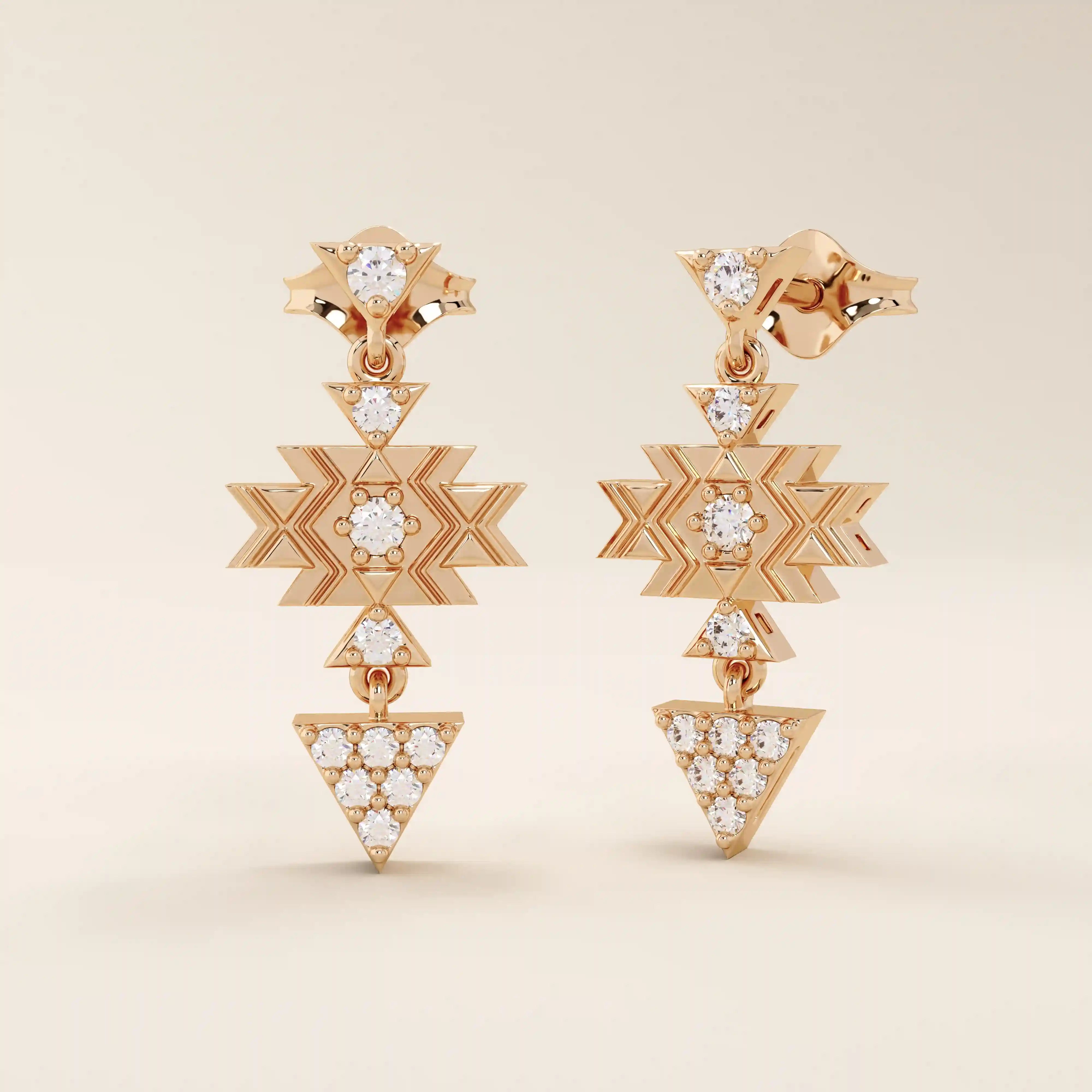 14k rose gold dangling motif stud earrings featuring geometric star and triangle elements set with moissanite stones.
