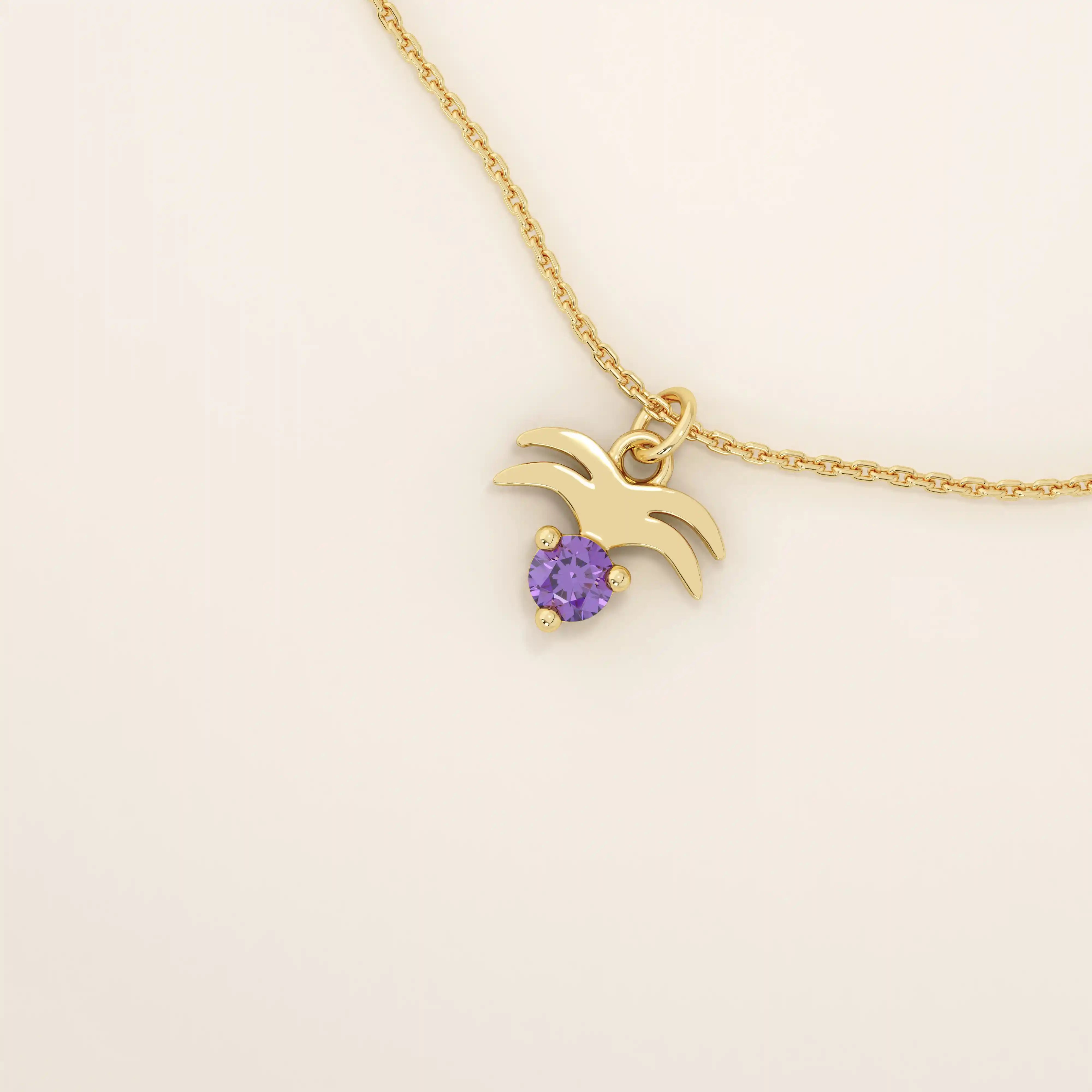 14k solid gold Aquarius zodiac symbol pendant necklace with a deep purple amethyst. Minimalist astrology birthstone jewelry.