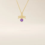 14k solid gold Aquarius zodiac symbol pendant necklace with a deep purple amethyst. Minimalist astrology birthstone jewelry.