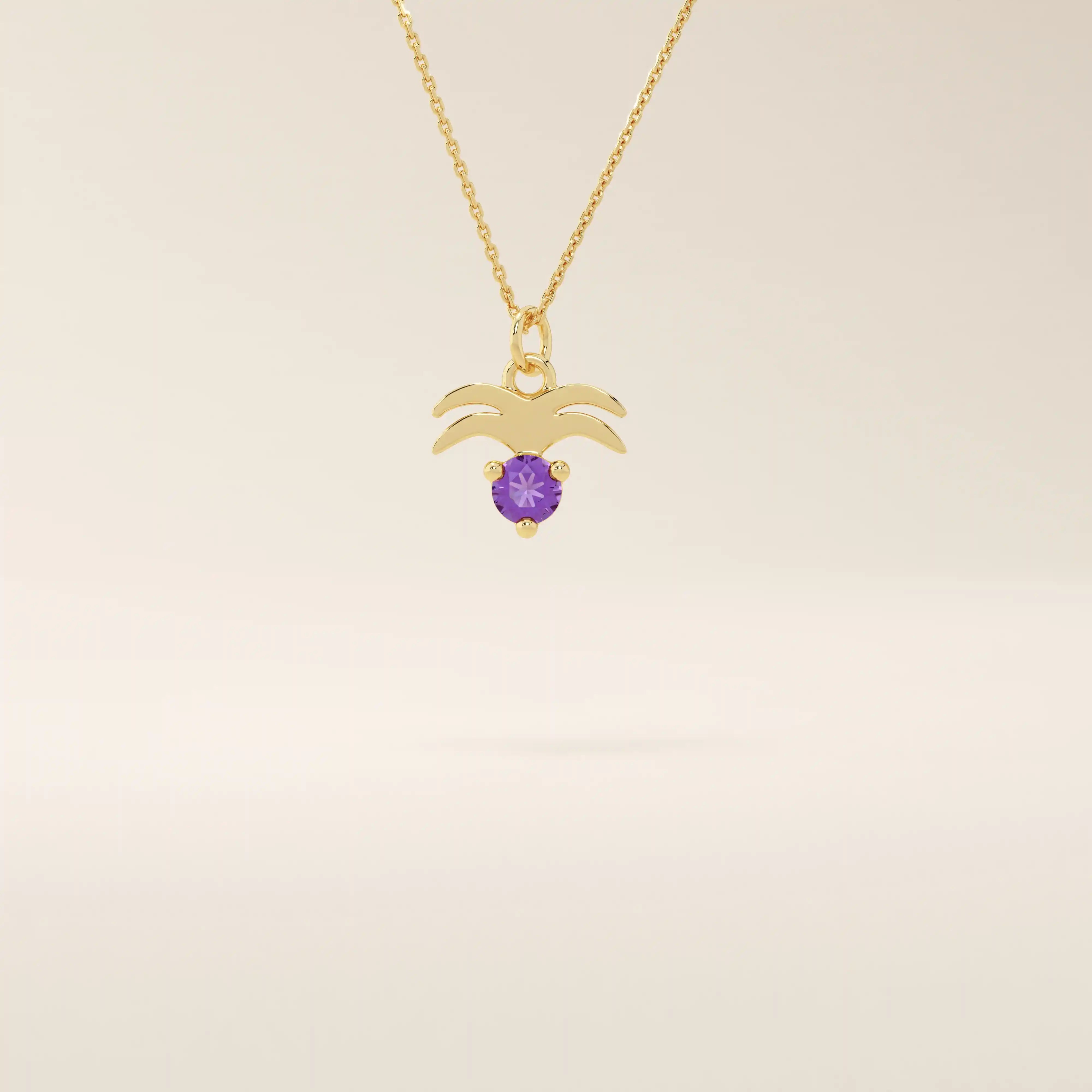 14k solid gold Aquarius zodiac symbol pendant necklace with a deep purple amethyst. Minimalist astrology birthstone jewelry.