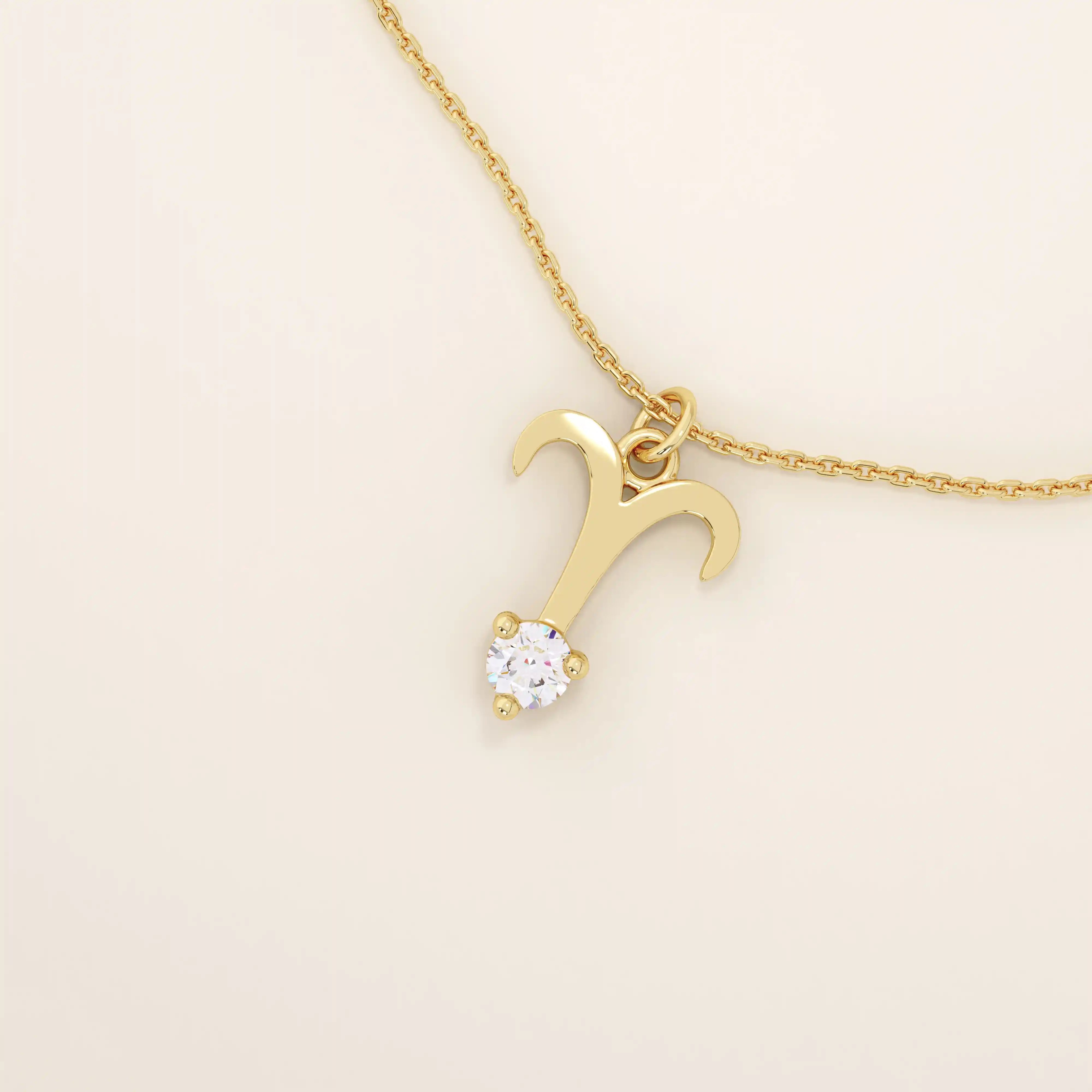 14k solid gold Aries zodiac symbol pendant necklace with a sparkling clear moissanite, minimalist astrology jewelry.