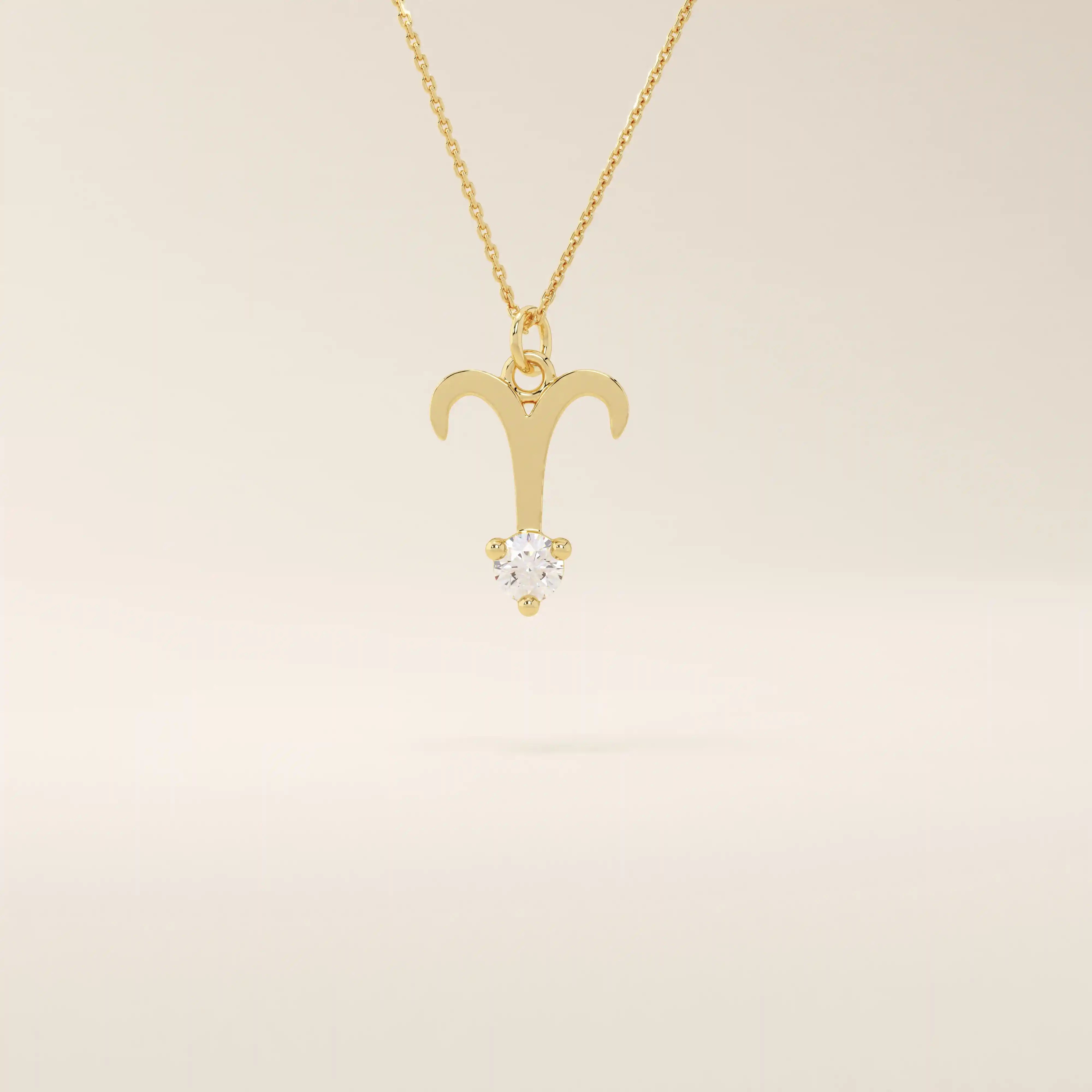 14k solid gold Aries zodiac symbol pendant necklace with a sparkling clear moissanite, minimalist astrology jewelry.