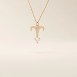 14k solid gold Aries zodiac symbol pendant necklace with a sparkling clear moissanite, minimalist astrology jewelry.