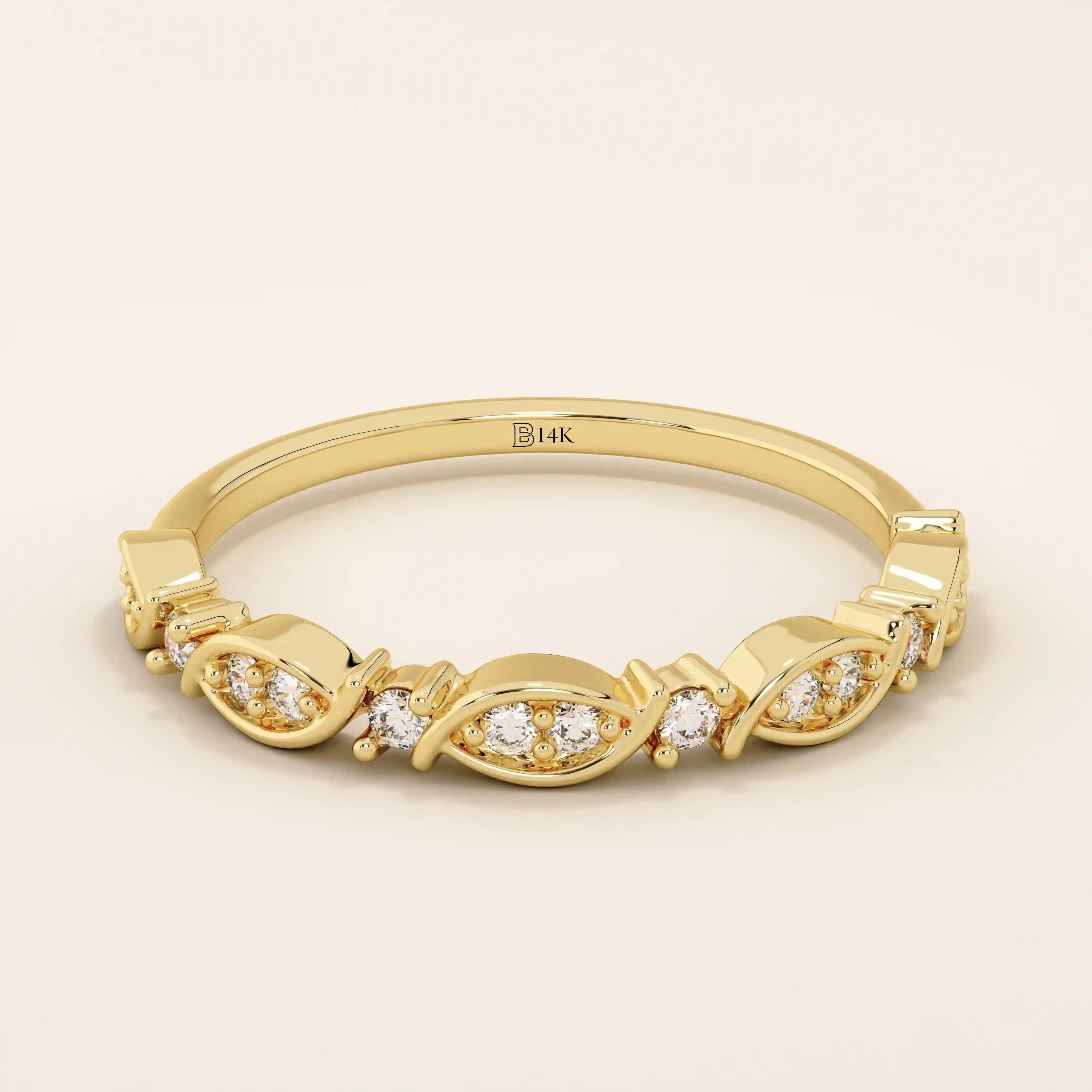14k solid gold Art Deco-inspired stacking wedding ring with pave-set moissanites. Geometric and elegant design perfect for layering.