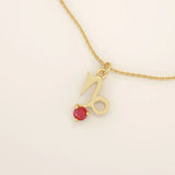 14k solid gold Capricorn symbol pendant necklace featuring a deep red garnet birthstone. A meaningful zodiac necklace perfect for personalized gifting.