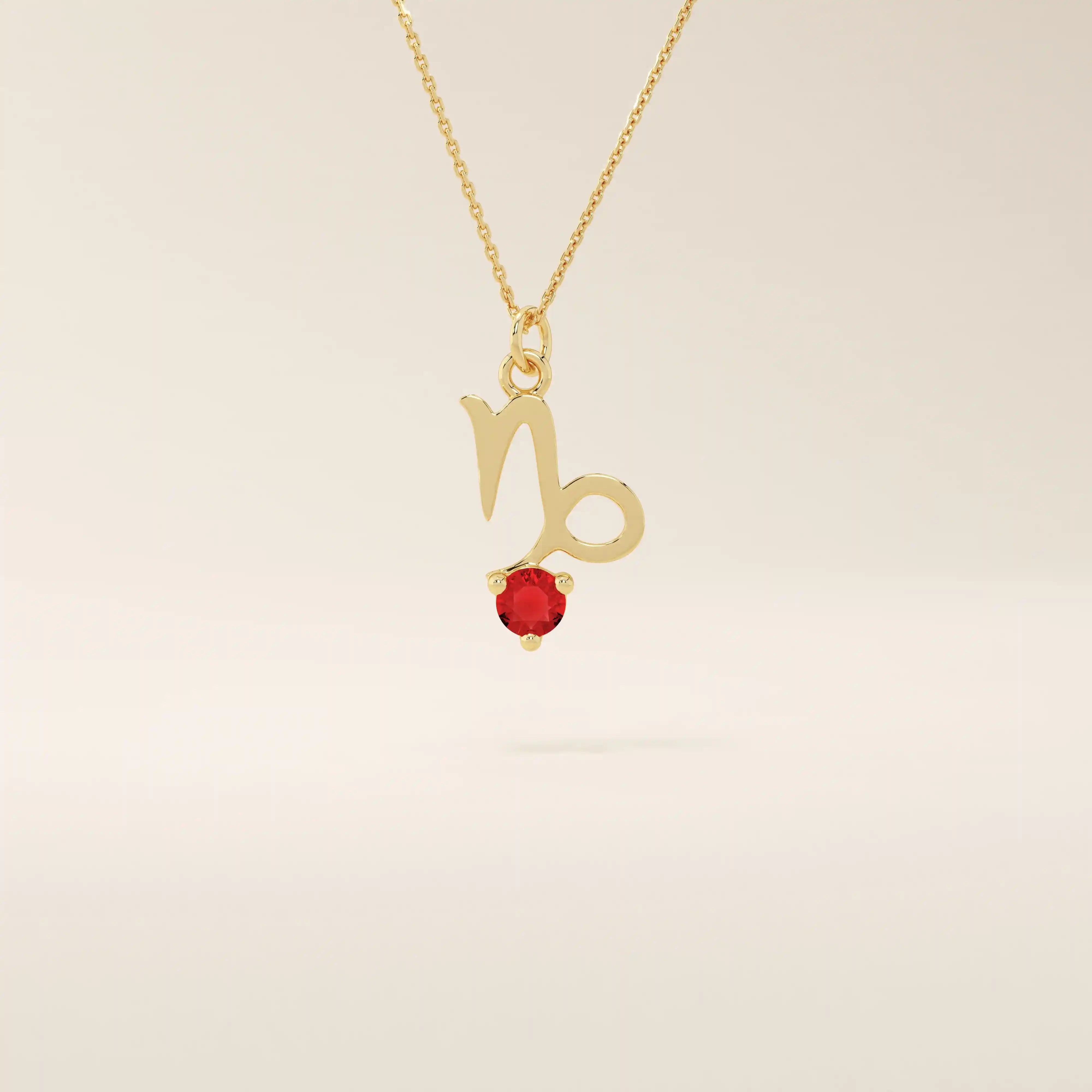 14k solid gold Capricorn symbol pendant necklace featuring a deep red garnet birthstone. A meaningful zodiac necklace perfect for personalized gifting.
