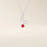 14k solid gold Capricorn symbol pendant necklace featuring a deep red garnet birthstone. A meaningful zodiac necklace perfect for personalized gifting.