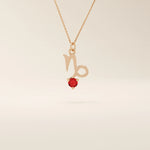 14k solid gold Capricorn symbol pendant necklace featuring a deep red garnet birthstone. A meaningful zodiac necklace perfect for personalized gifting.