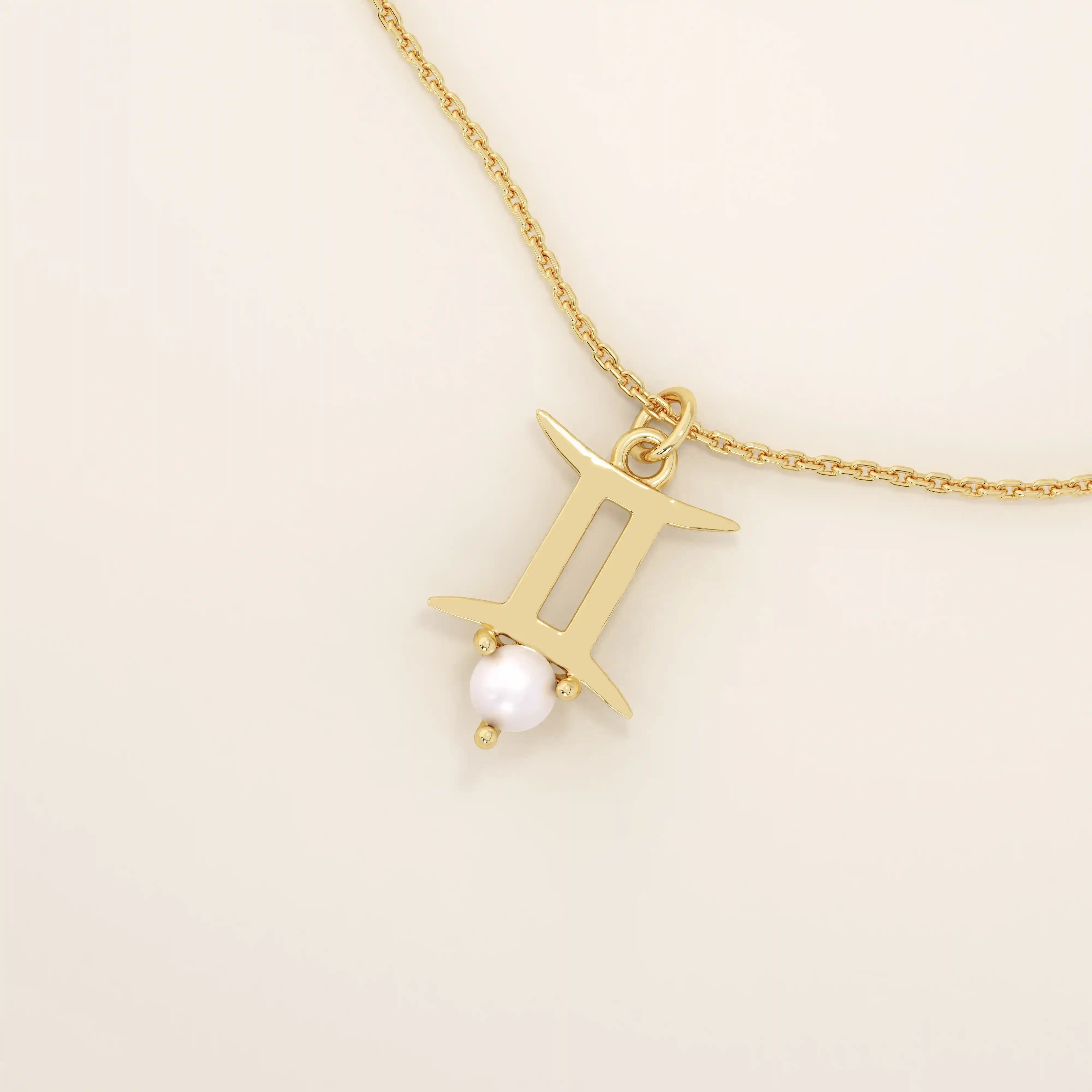 14k solid gold Gemini zodiac symbol pendant necklace with a natural pearl charm, minimalist celestial design.