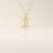 14k solid gold Gemini zodiac symbol pendant necklace with a natural pearl charm, minimalist celestial design.