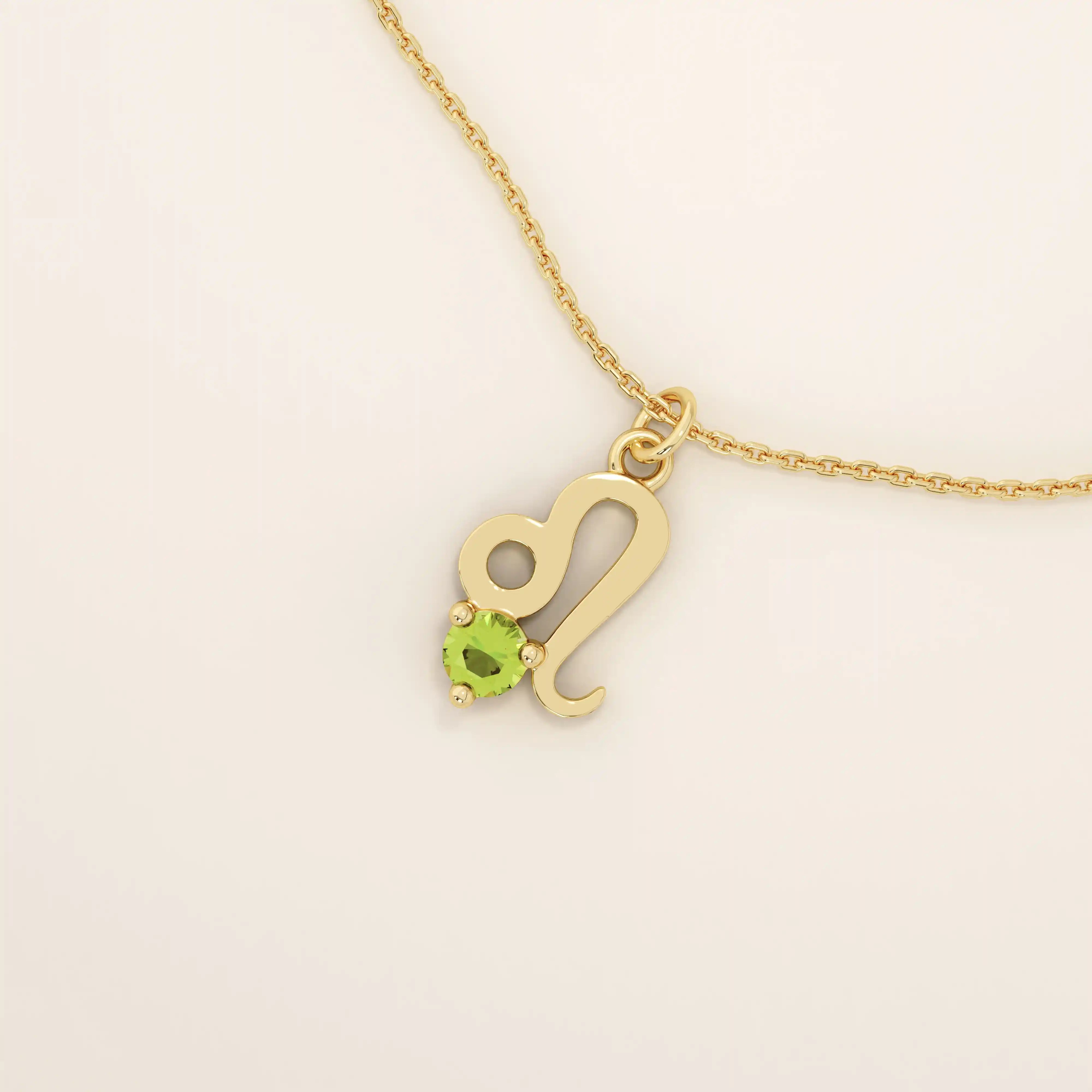 14k solid gold Leo zodiac symbol pendant necklace with a round green peridot, minimalist astrology birthstone jewelry.