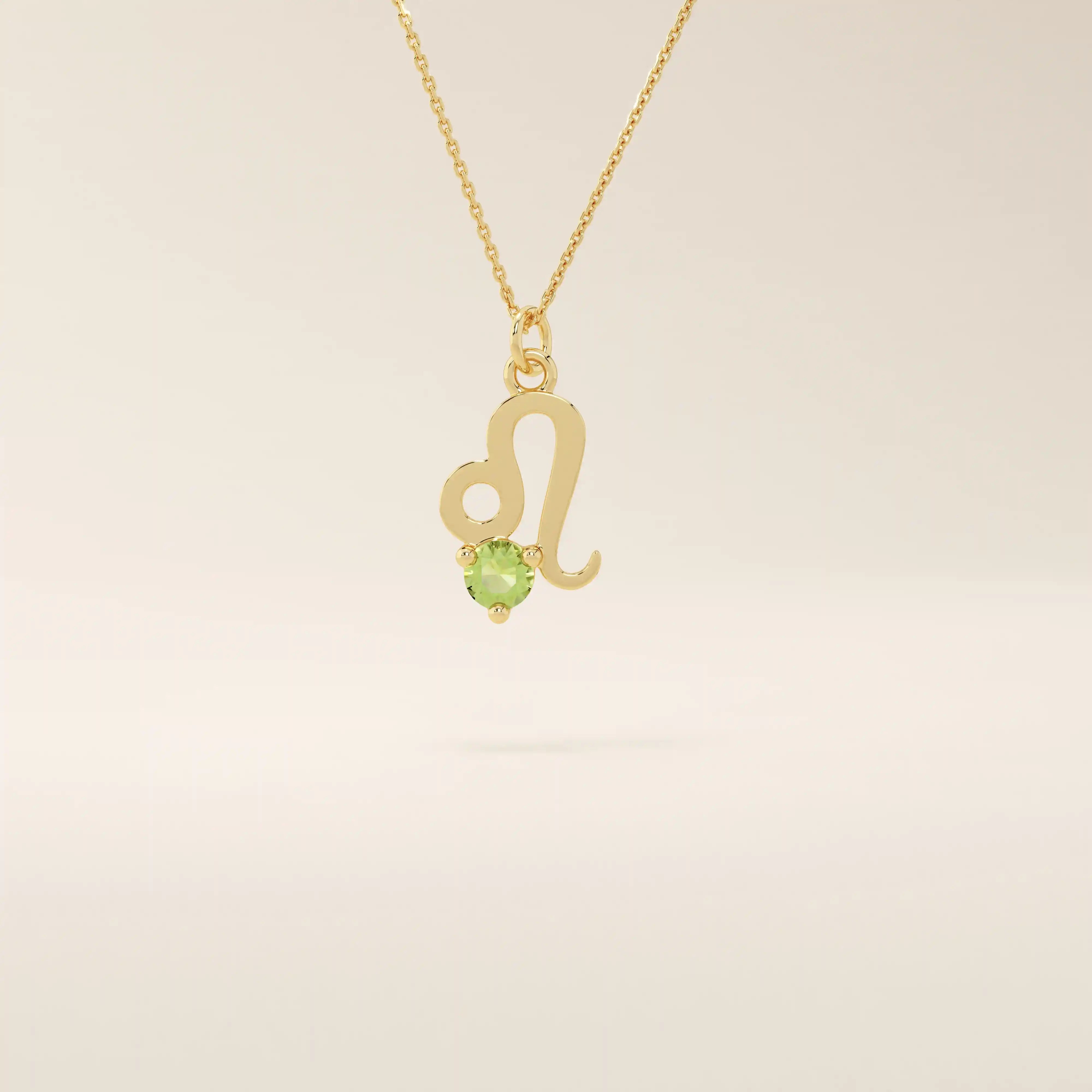 14k solid gold Leo zodiac symbol pendant necklace with a round green peridot, minimalist astrology birthstone jewelry.