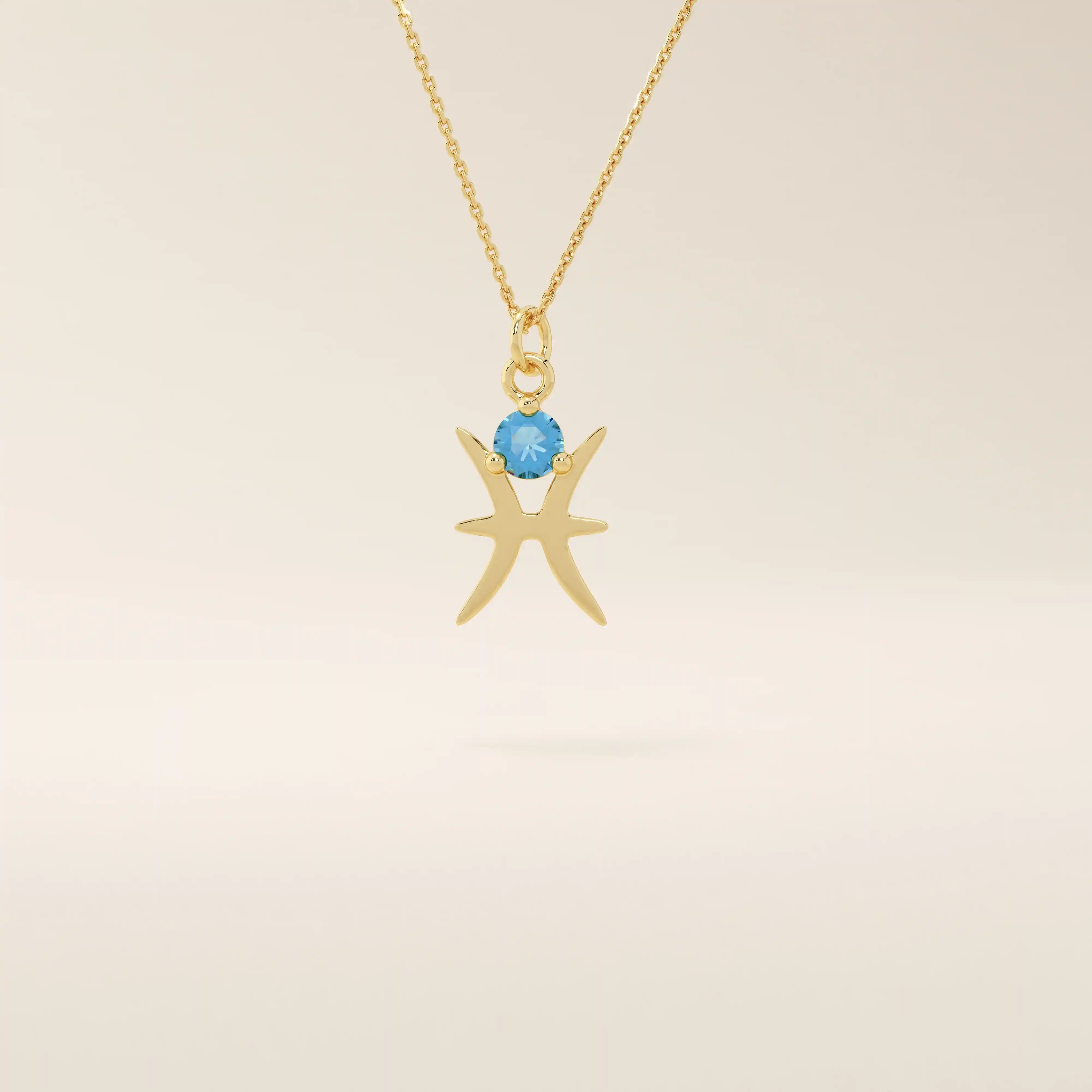 14k solid gold Pisces zodiac symbol pendant necklace with a round aquamarine, minimalist astrology birthstone jewelry.