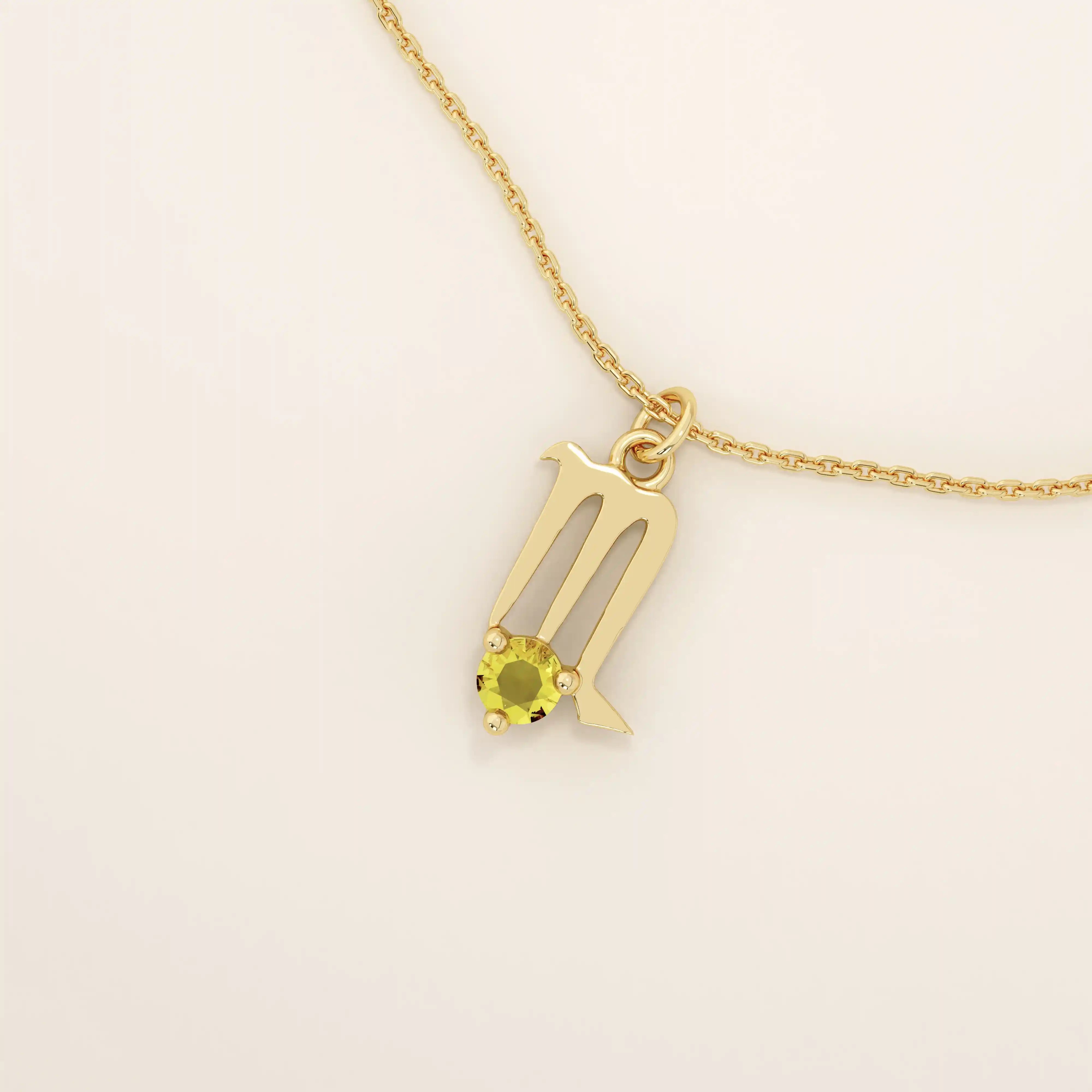 14k solid gold Scorpio zodiac symbol pendant necklace with a warm citrine gemstone. Minimalist astrology birthstone jewelry for women.