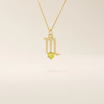 14k solid gold Scorpio zodiac symbol pendant necklace with a warm citrine gemstone. Minimalist astrology birthstone jewelry for women.