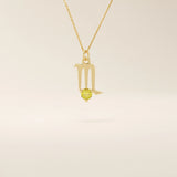 14k solid gold Scorpio zodiac symbol pendant necklace with a warm citrine gemstone. Minimalist astrology birthstone jewelry for women.