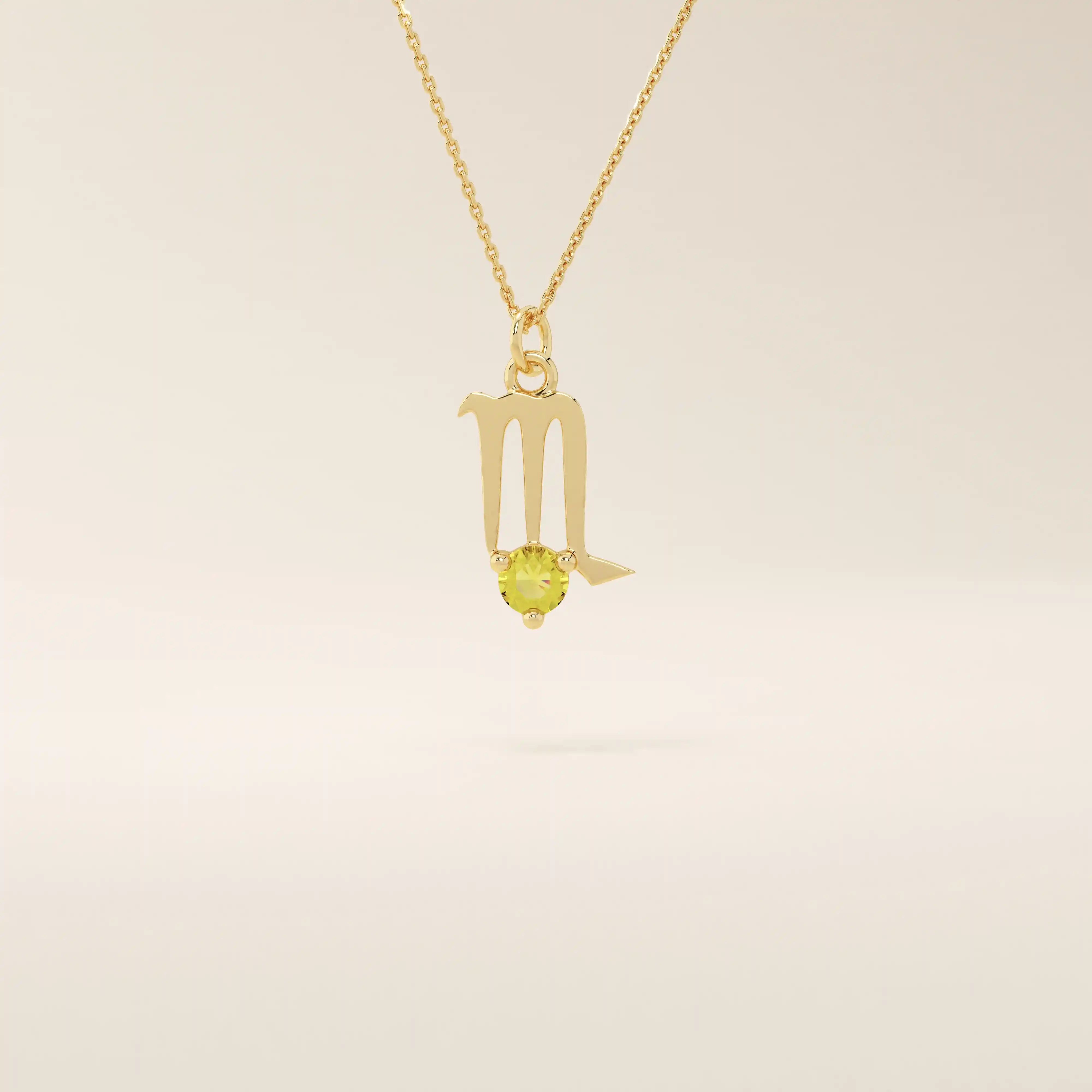 14k solid gold Scorpio zodiac symbol pendant necklace with a warm citrine gemstone. Minimalist astrology birthstone jewelry for women.