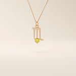14k solid gold Scorpio zodiac symbol pendant necklace with a warm citrine gemstone. Minimalist astrology birthstone jewelry for women.