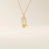 14k solid gold Scorpio zodiac symbol pendant necklace with a warm citrine gemstone. Minimalist astrology birthstone jewelry for women.