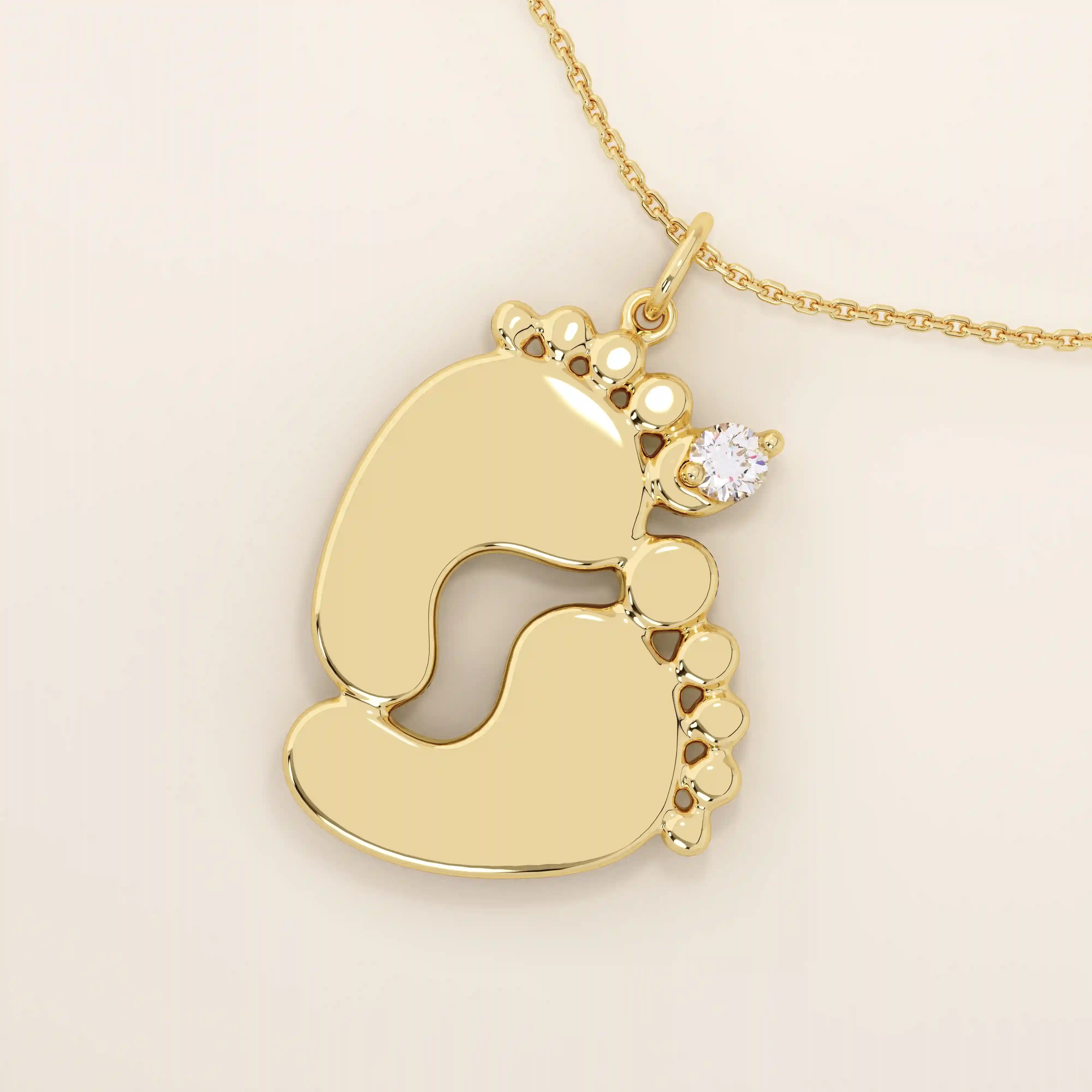 14k solid gold baby foot pendant necklace featuring a delicate tiny moissanite accent. A sentimental jewelry piece symbolizing new beginnings or motherhood. Perfect for gifting or everyday wear.
