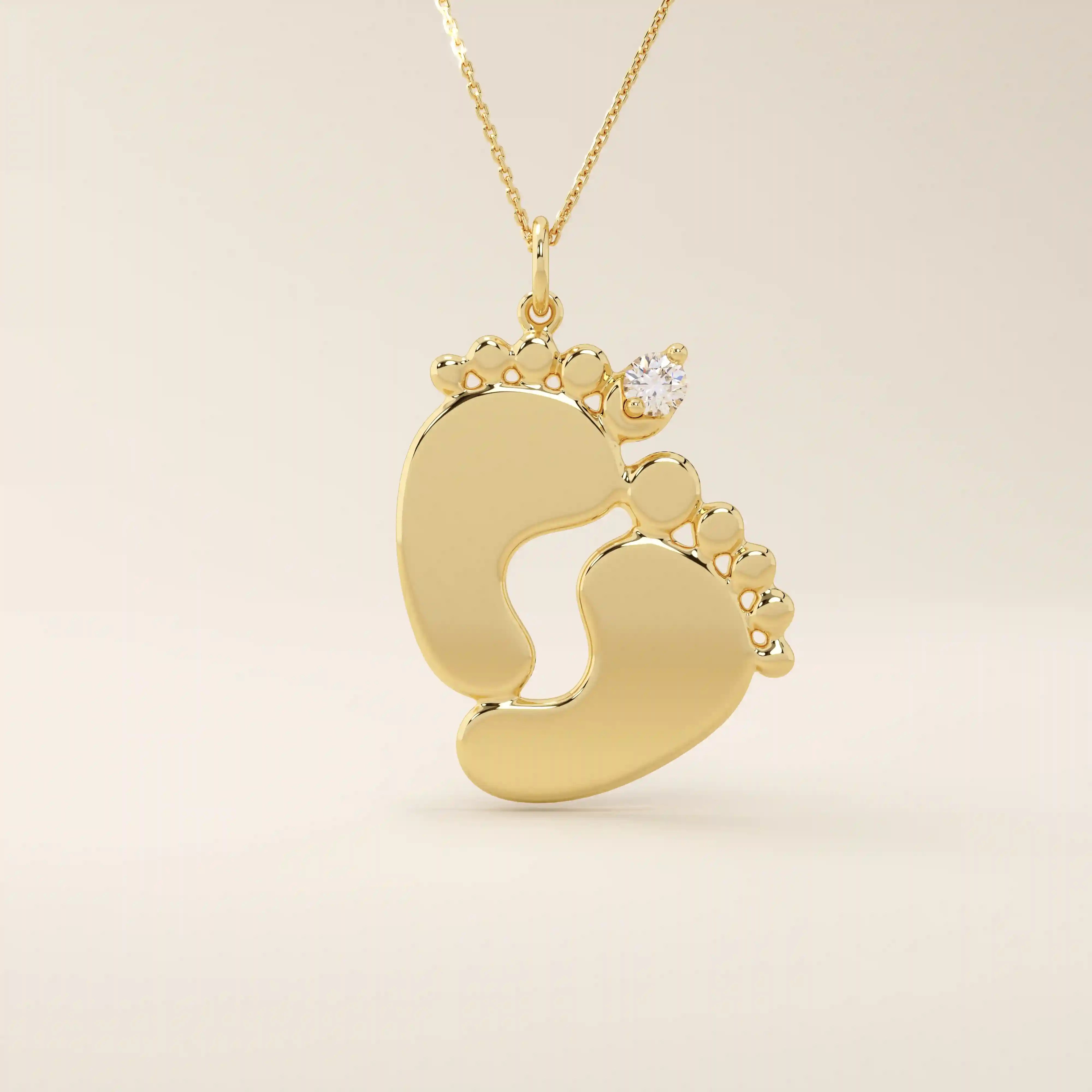 14k solid gold baby foot pendant necklace featuring a delicate tiny moissanite accent. A sentimental jewelry piece symbolizing new beginnings or motherhood. Perfect for gifting or everyday wear.