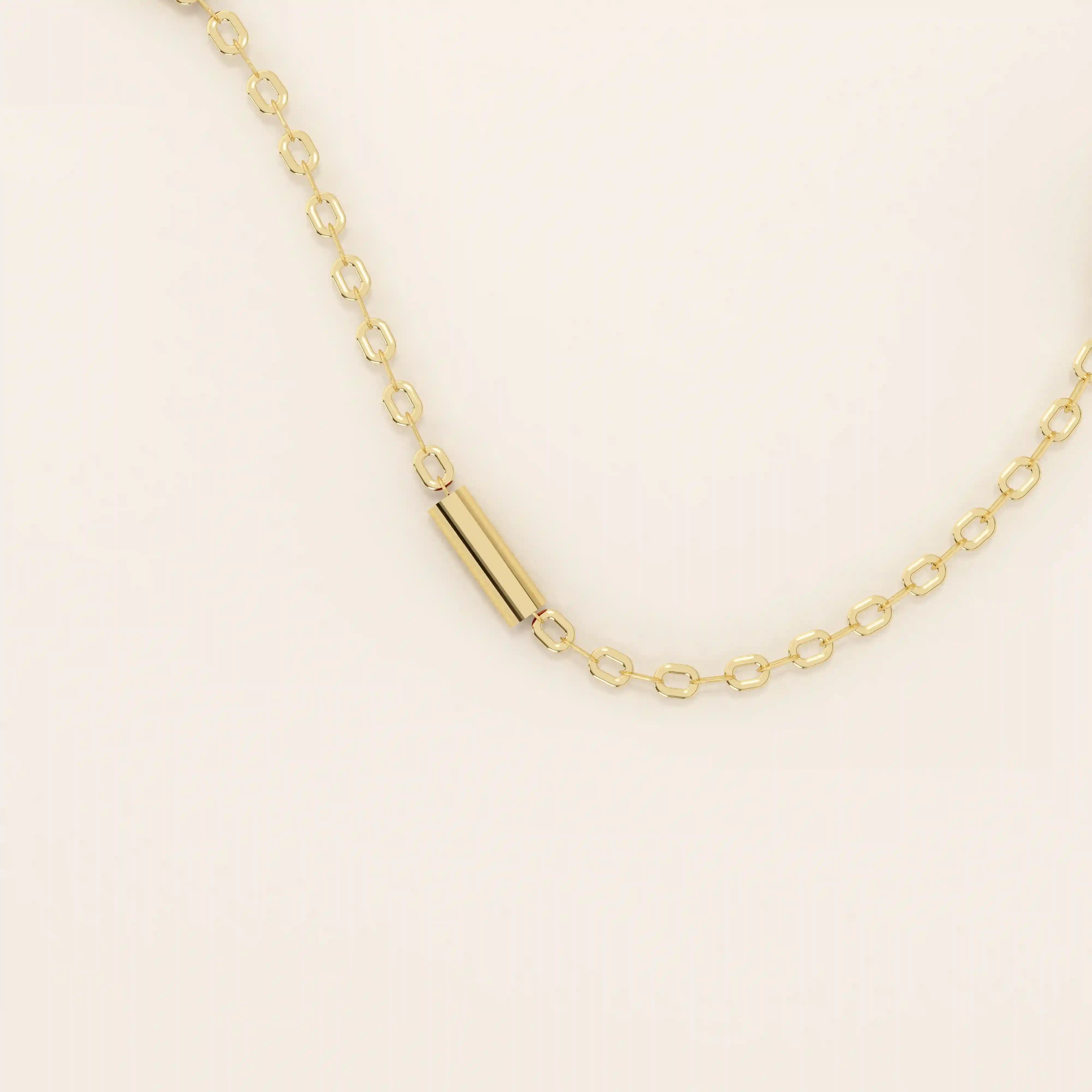 14k solid gold bar chain necklace with sleek horizontal links and a polished finish. A modern and minimal gold chain. Great for layering or wearing alone.