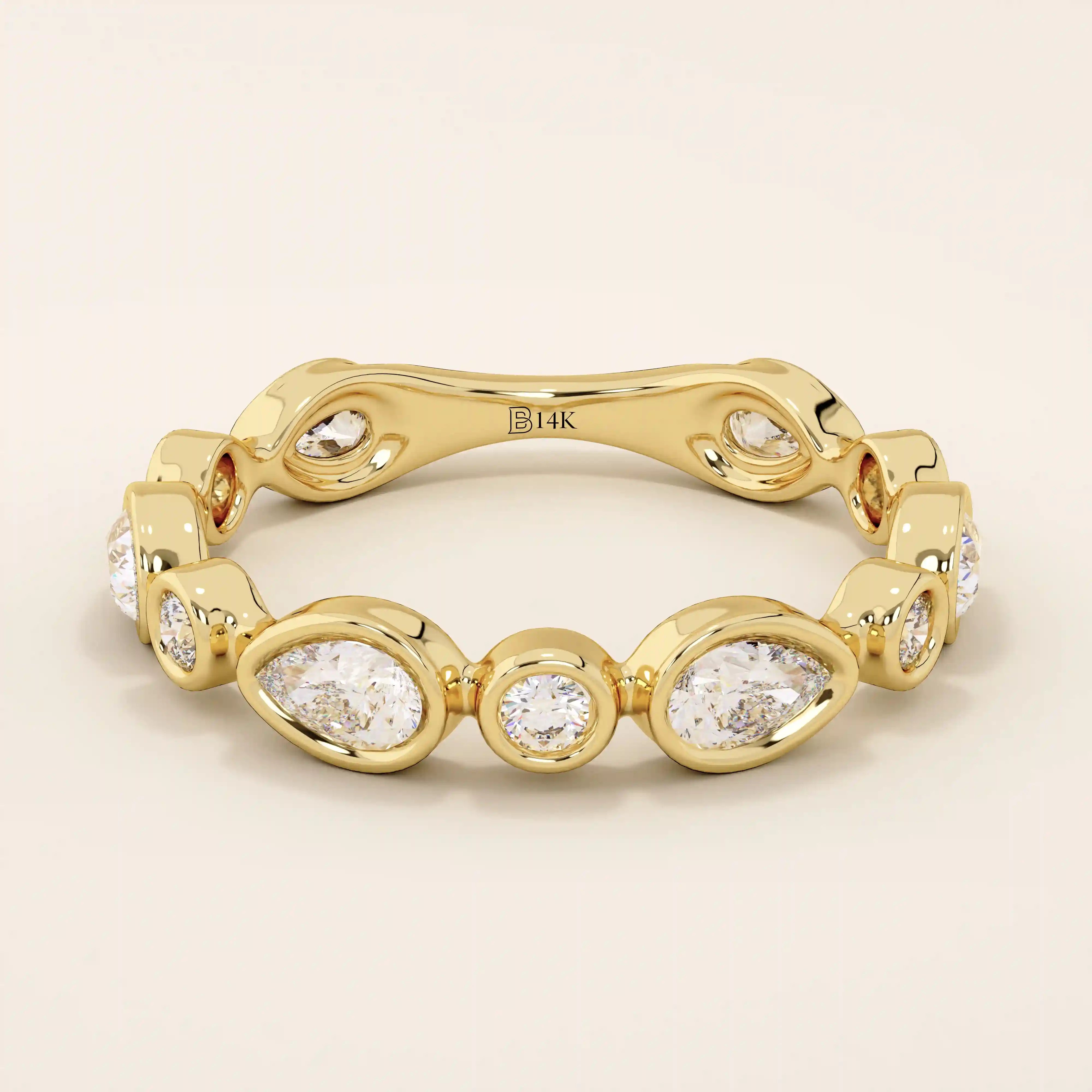 14k solid gold bezel pear round wedding ring for women