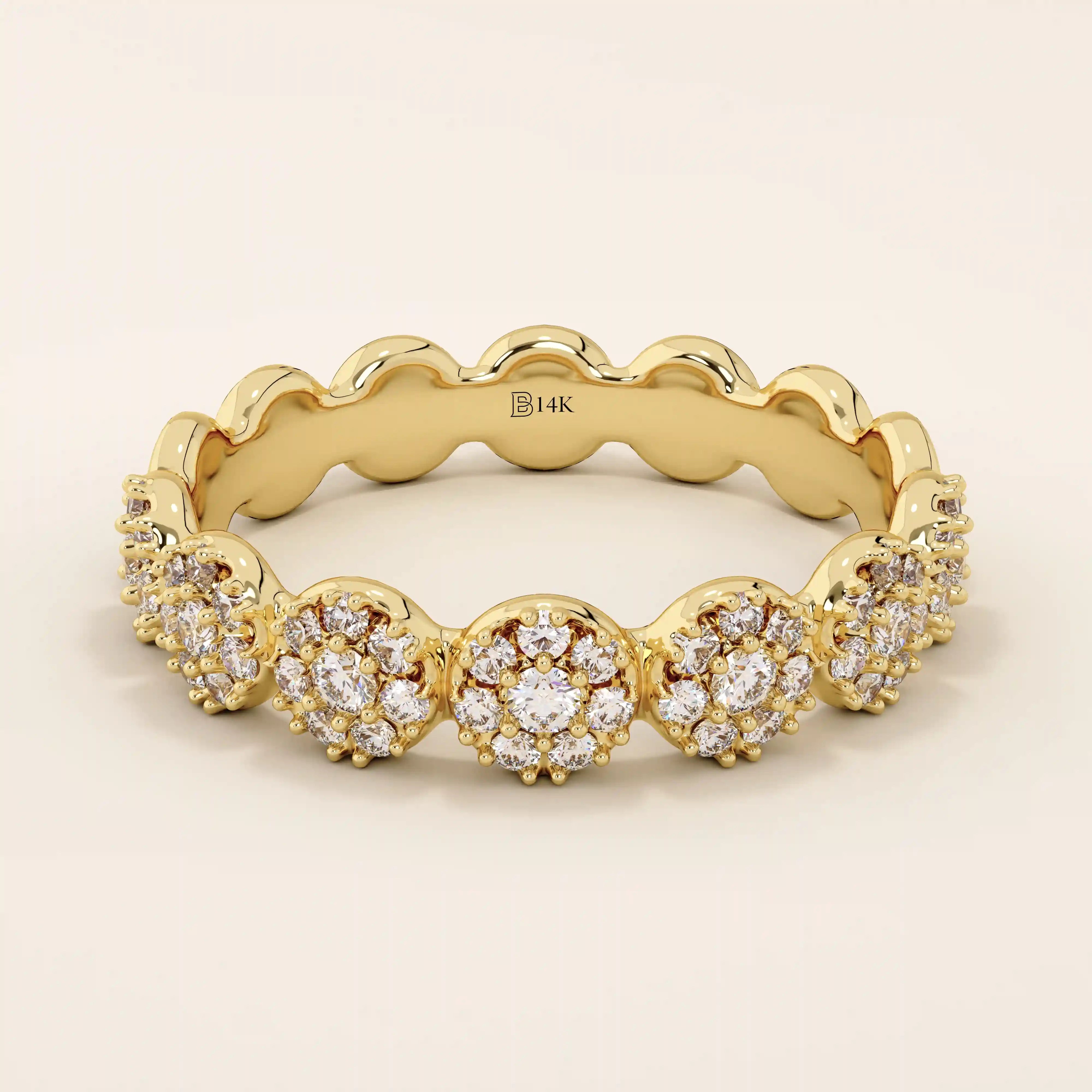 14k solid gold bold dots band ring with pave-set moissanites. Modern statement jewelry for women.