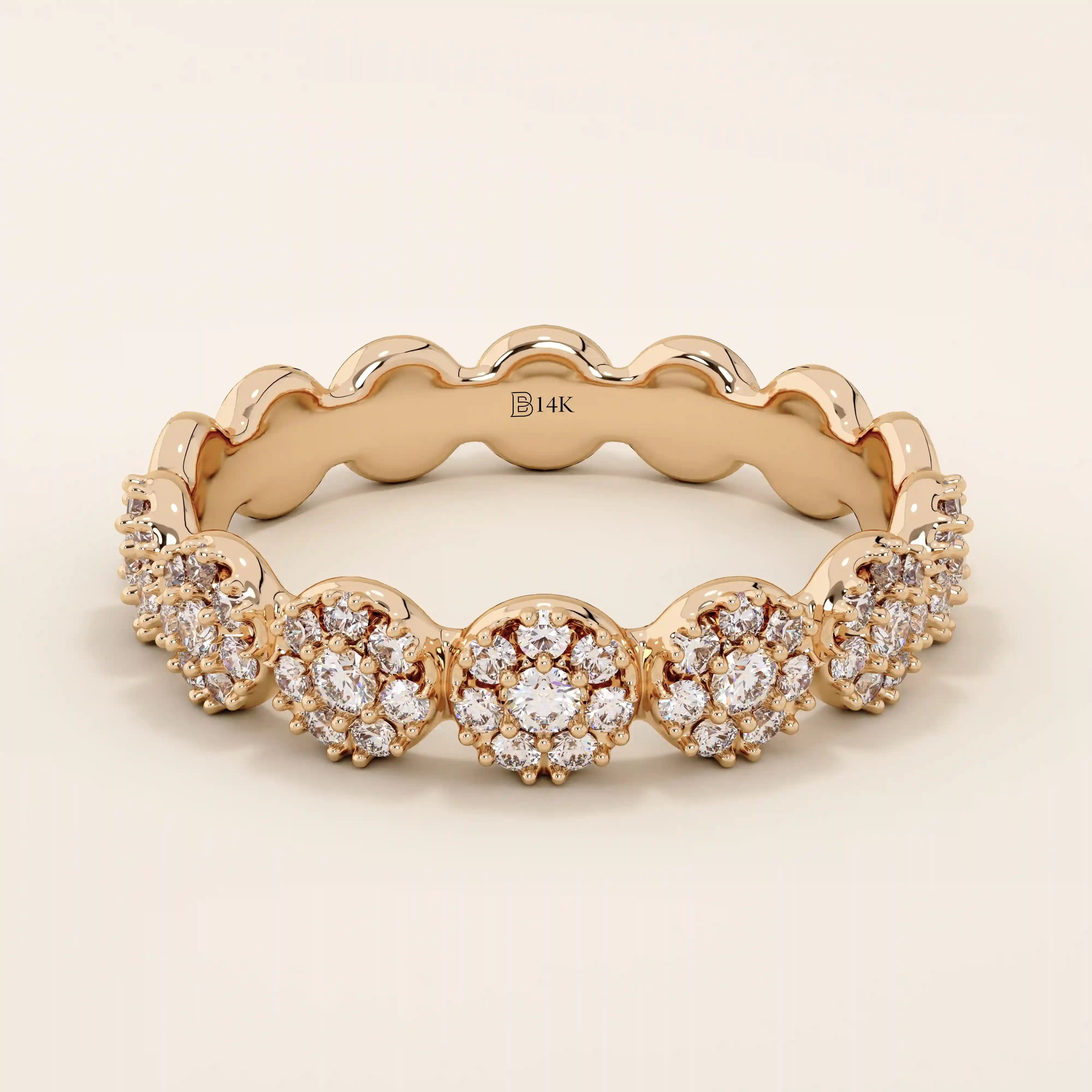 14k solid gold bold dots band ring with pave-set moissanites. Modern statement jewelry for women.