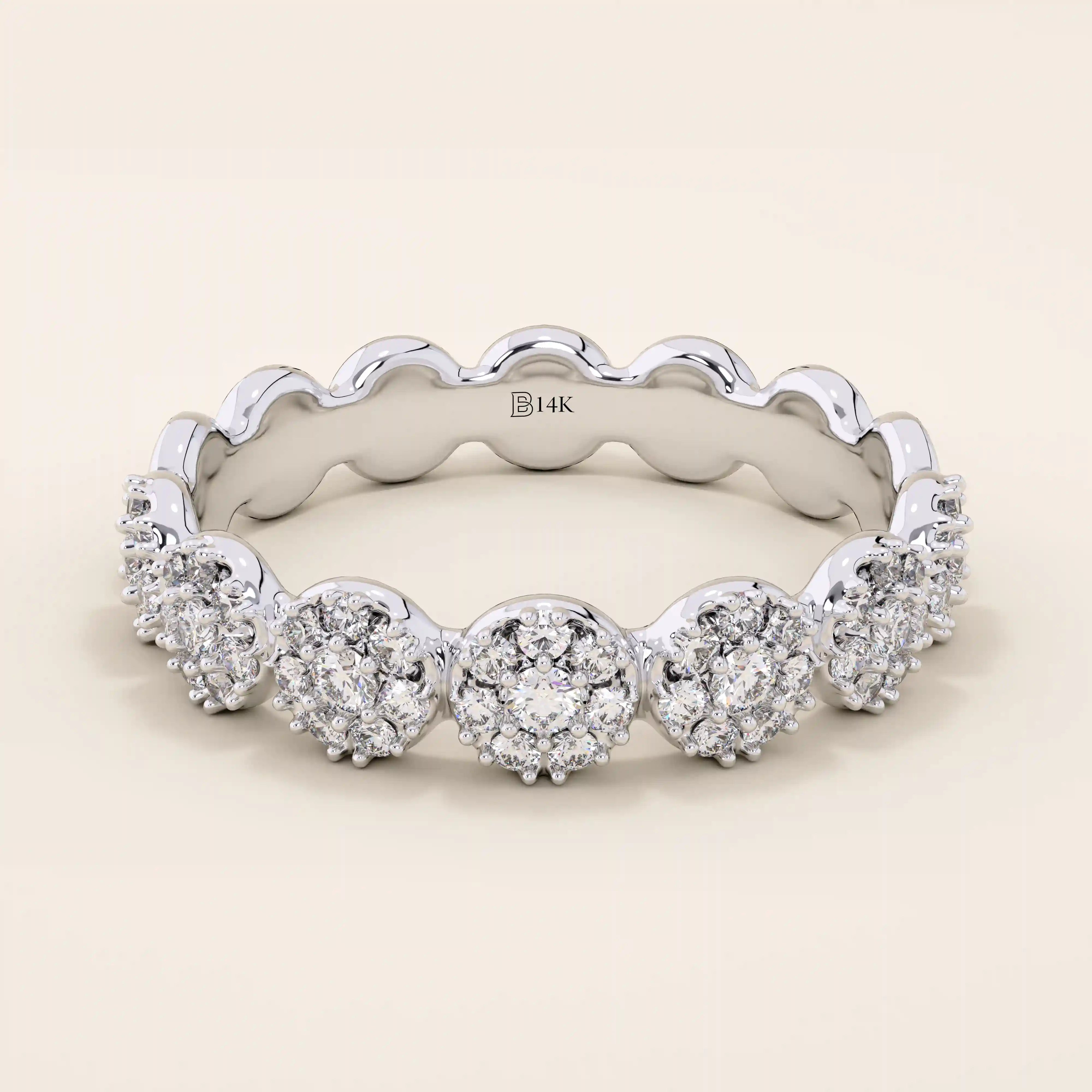 14k solid gold bold dots band ring with pave-set moissanites. Modern statement jewelry for women.
